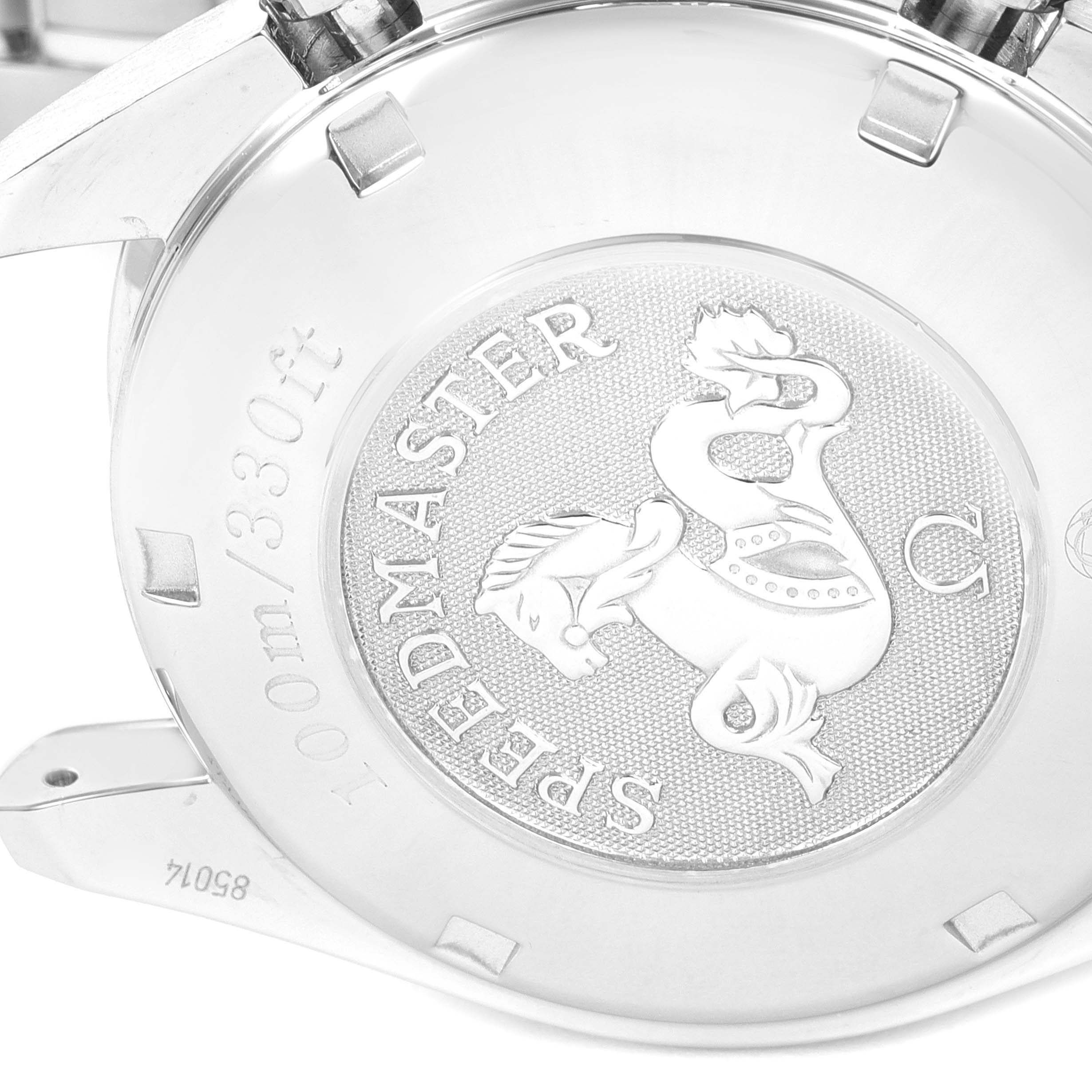 The image shows the back of an Omega Speedmaster 3210.50.00 Men
s Stainless Steel Black Dial 3210.50.00 Men
s Stainless Steel Black Dial watch, highlighting the embossed seahorse emblem and water resistance mark.