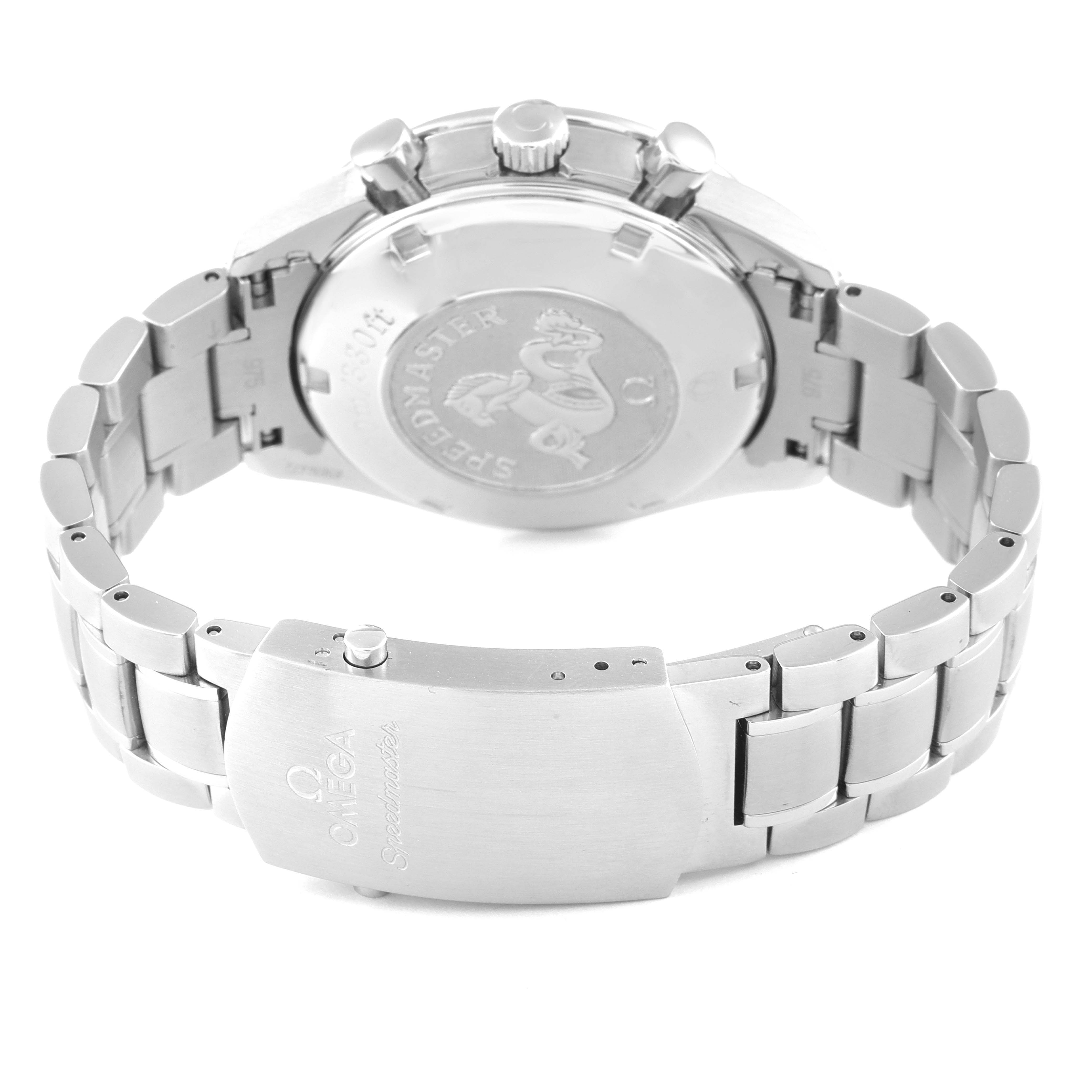 The image shows the back of the Omega Speedmaster 3210.50.00 Men
s Stainless Steel Black Dial 3210.50.00 Men
s Stainless Steel Black Dial watch, featuring the case back, crown, pushers, and stainless steel bracelet.