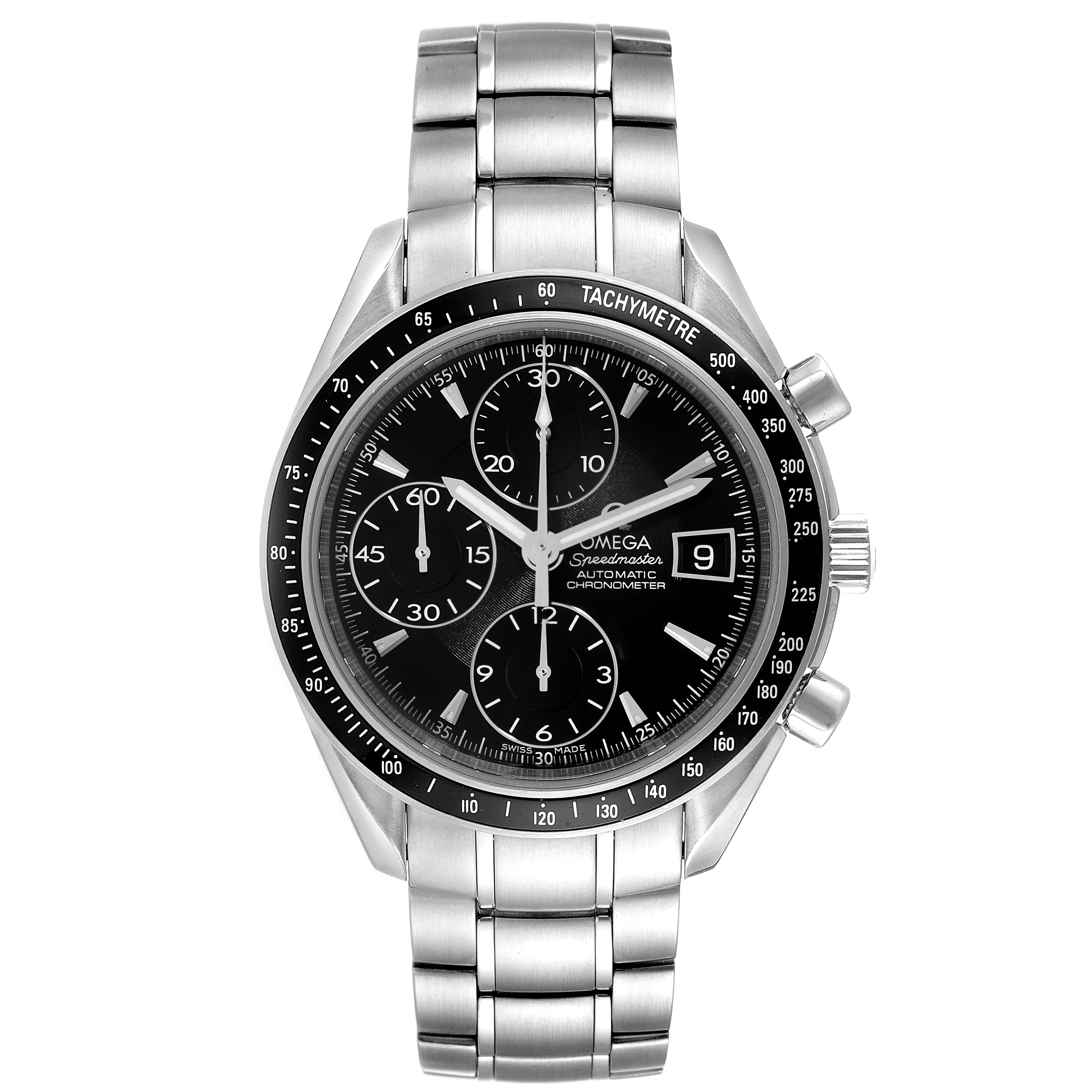 This image shows a front view of the Omega Speedmaster 3210.50.00 Men
s Stainless Steel Black Dial 3210.50.00 Men
s Stainless Steel Black Dial watch, displaying its face, chronograph sub-dials, and metal bracelet.