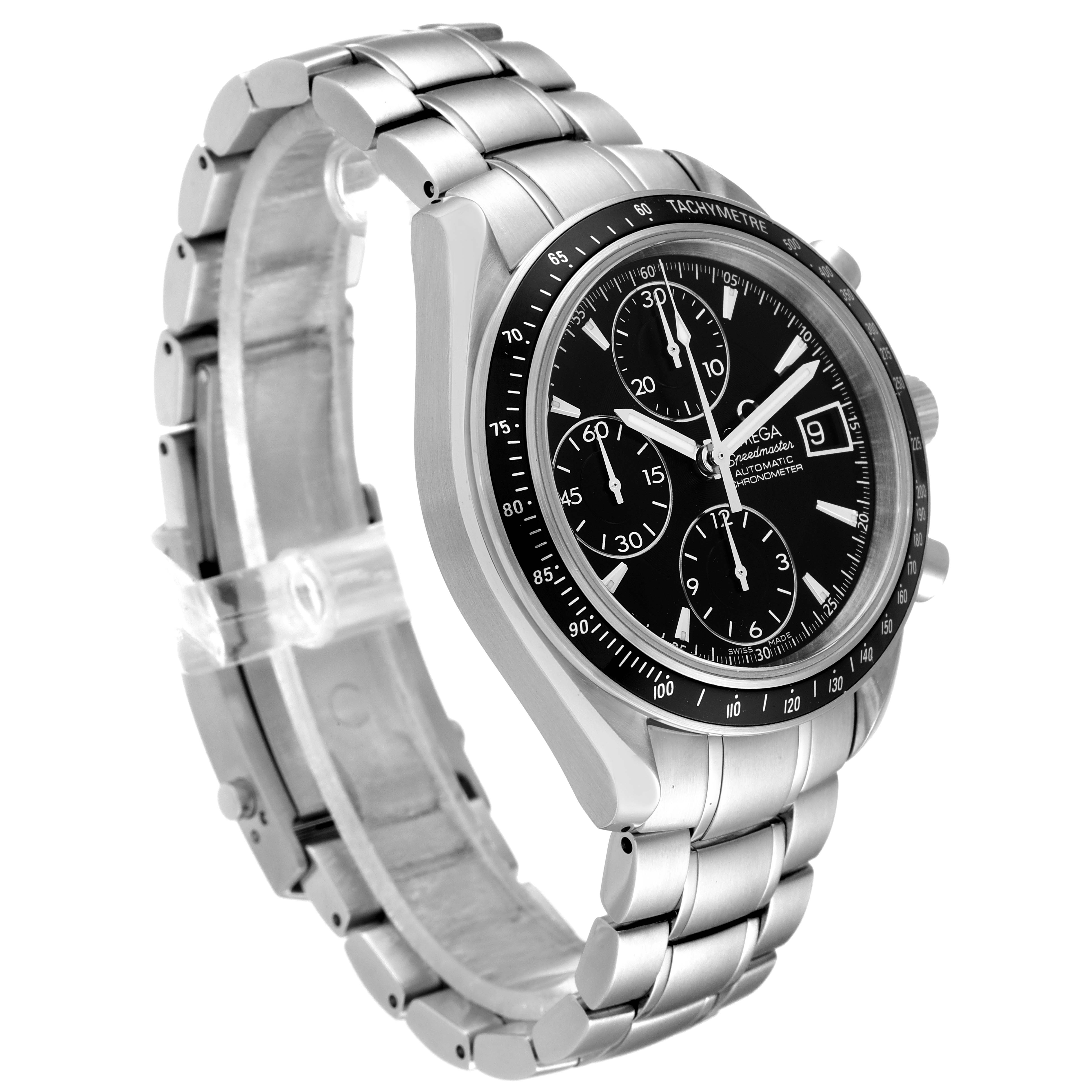 The image shows a side-angle view of the Omega Speedmaster 3210.50.00 Men
s Stainless Steel Black Dial 3210.50.00 Men
s Stainless Steel Black Dial watch, highlighting its face, bezel, and metal bracelet.