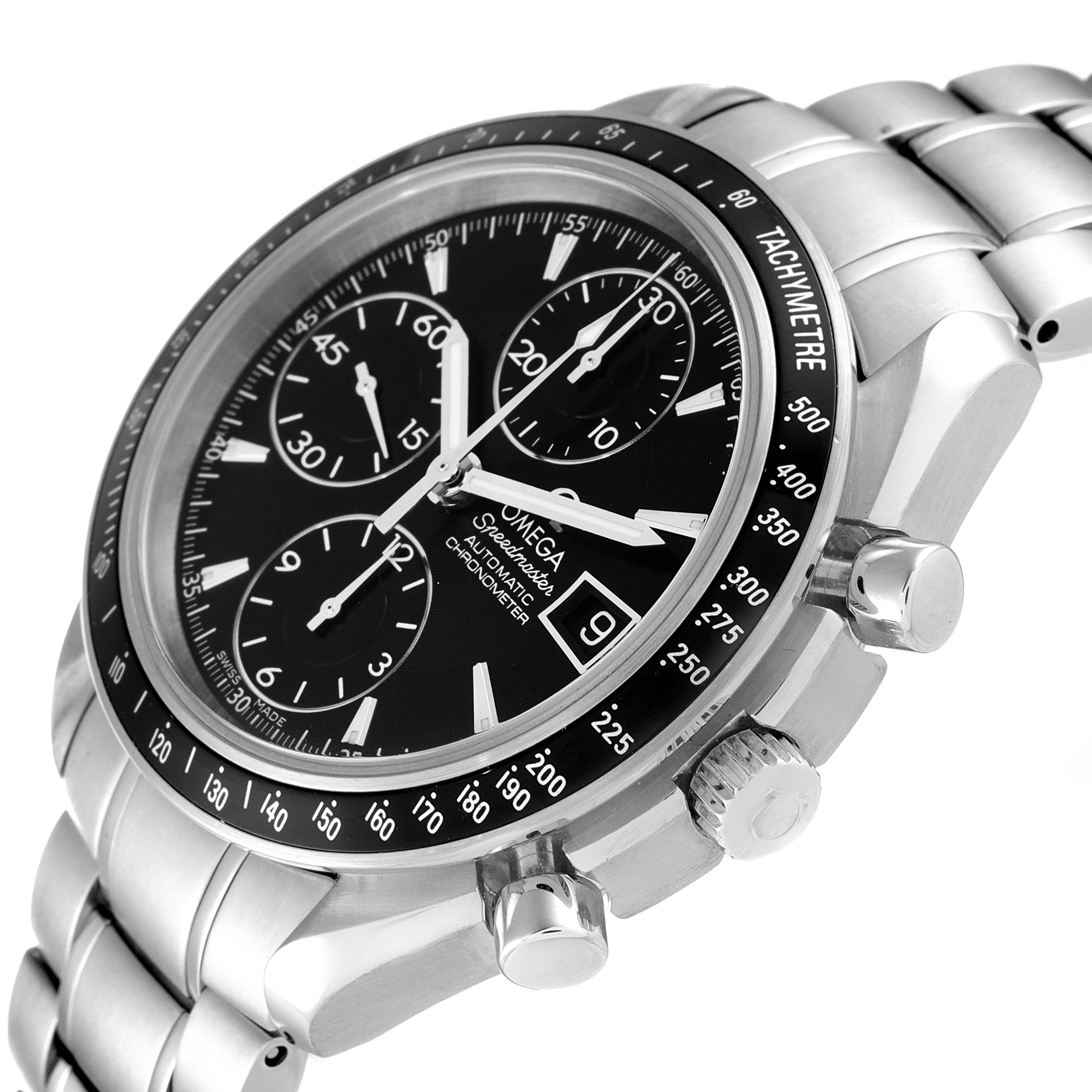 The image shows an angled view of an Omega Speedmaster 3210.50.00 Men
s Stainless Steel Black Dial 3210.50.00 Men
s Stainless Steel Black Dial watch displaying the face, bezel, crown, and stainless-steel bracelet.