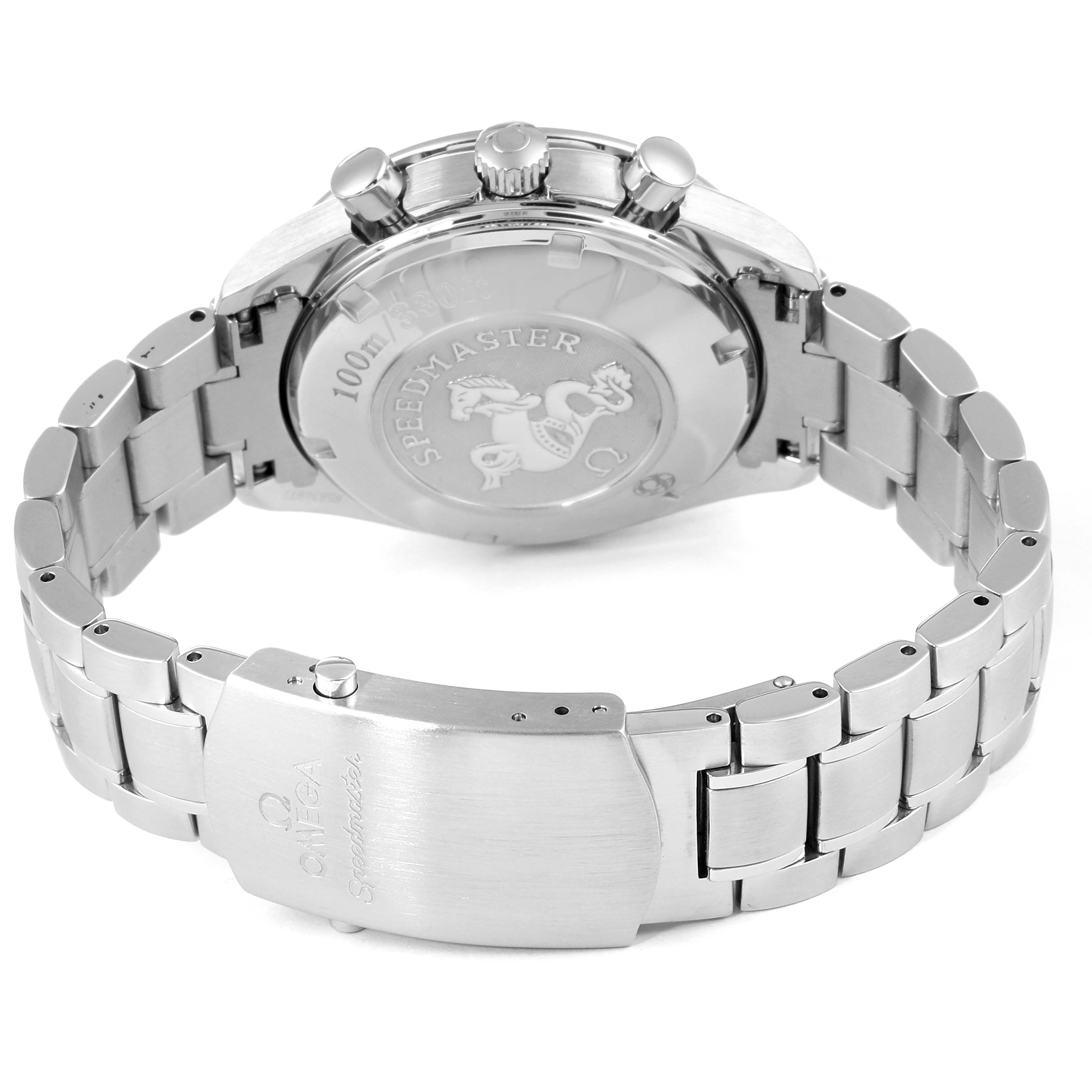 The image shows the back and clasp of an Omega Speedmaster 3211.31.00 Men's Stainless Steel Silver Dial 3211.31.00 Men's Stainless Steel Silver Dial watch, highlighting the engraved case back and stainless steel bracelet.