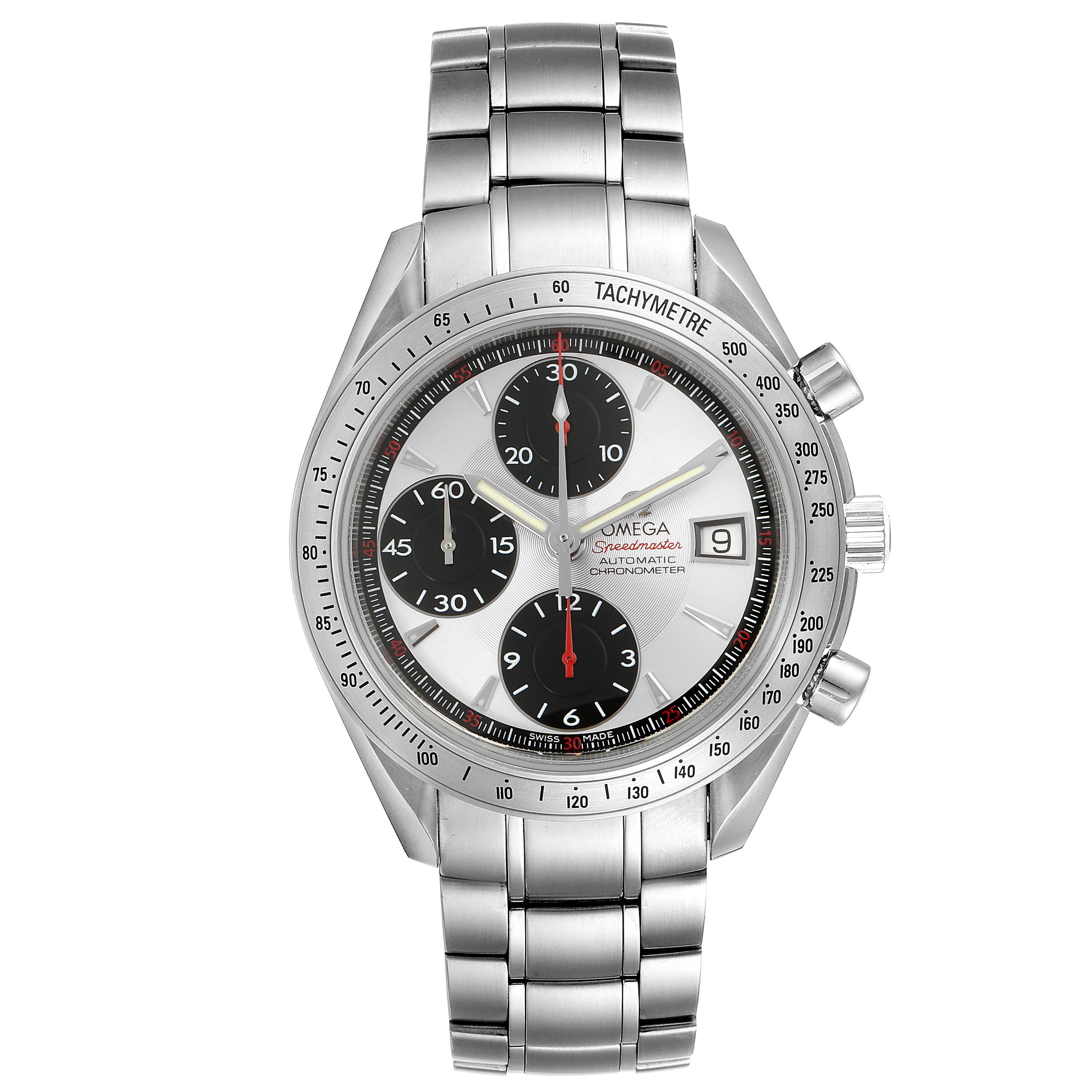The Omega Speedmaster 3211.31.00 Men's Stainless Steel Silver Dial 3211.31.00 Men's Stainless Steel Silver Dial watch is shown from a front angle, displaying its dial, three sub-dials, date window, and stainless steel bracelet.
