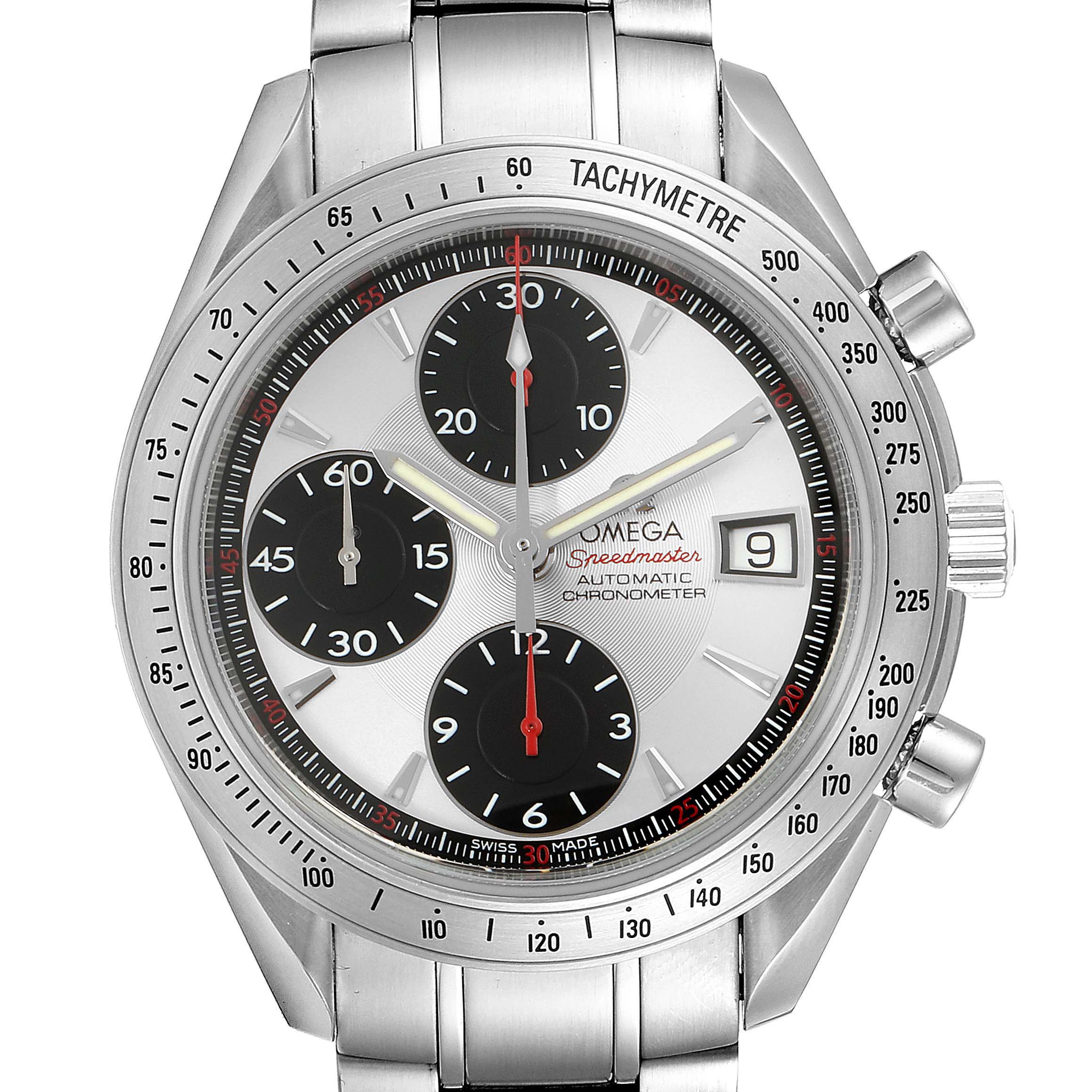The image shows a front view of the Omega Speedmaster 3211.31.00 Men's Stainless Steel Silver Dial 3211.31.00 Men's Stainless Steel Silver Dial watch, highlighting its dials, tachymeter, and bracelet.