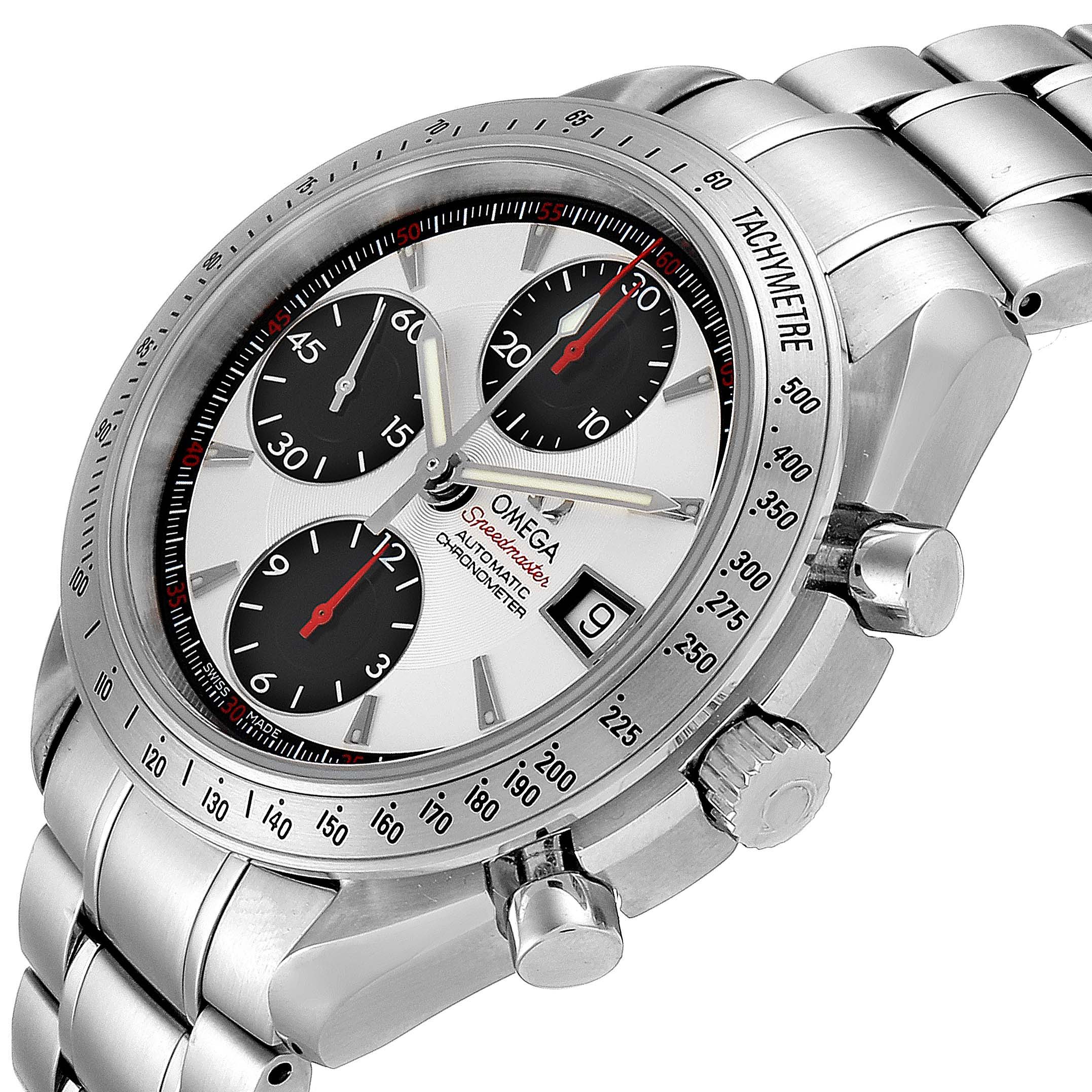 This image shows an angled view of the Omega Speedmaster 3211.31.00 Men's Stainless Steel Silver Dial 3211.31.00 Men's Stainless Steel Silver Dial watch, displaying its face, tachymeter bezel, crown, and bracelet.