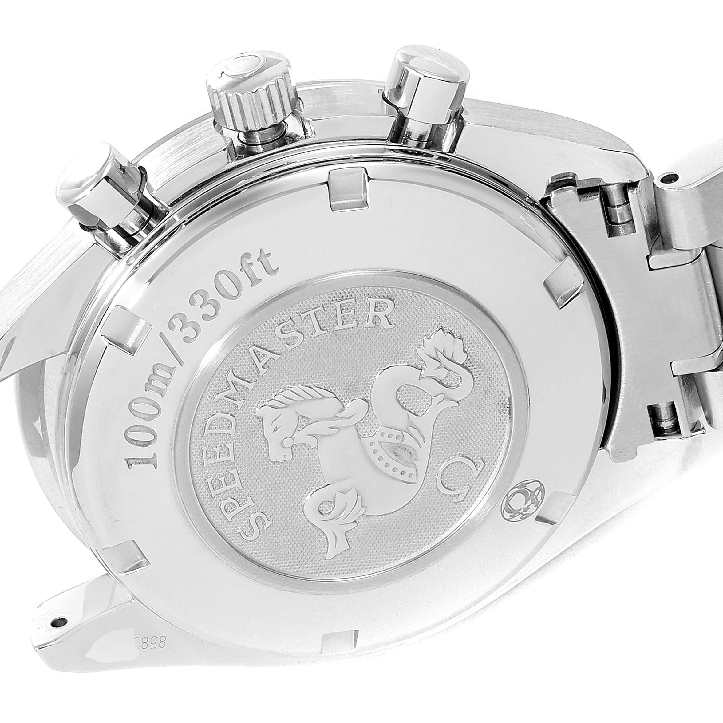 The image shows the back case and part of the stainless steel strap of the Omega Speedmaster 3211.31.00 Men's Stainless Steel Silver Dial 3211.31.00 Men's Stainless Steel Silver Dial watch, highlighting its 100m/330ft water resistance.