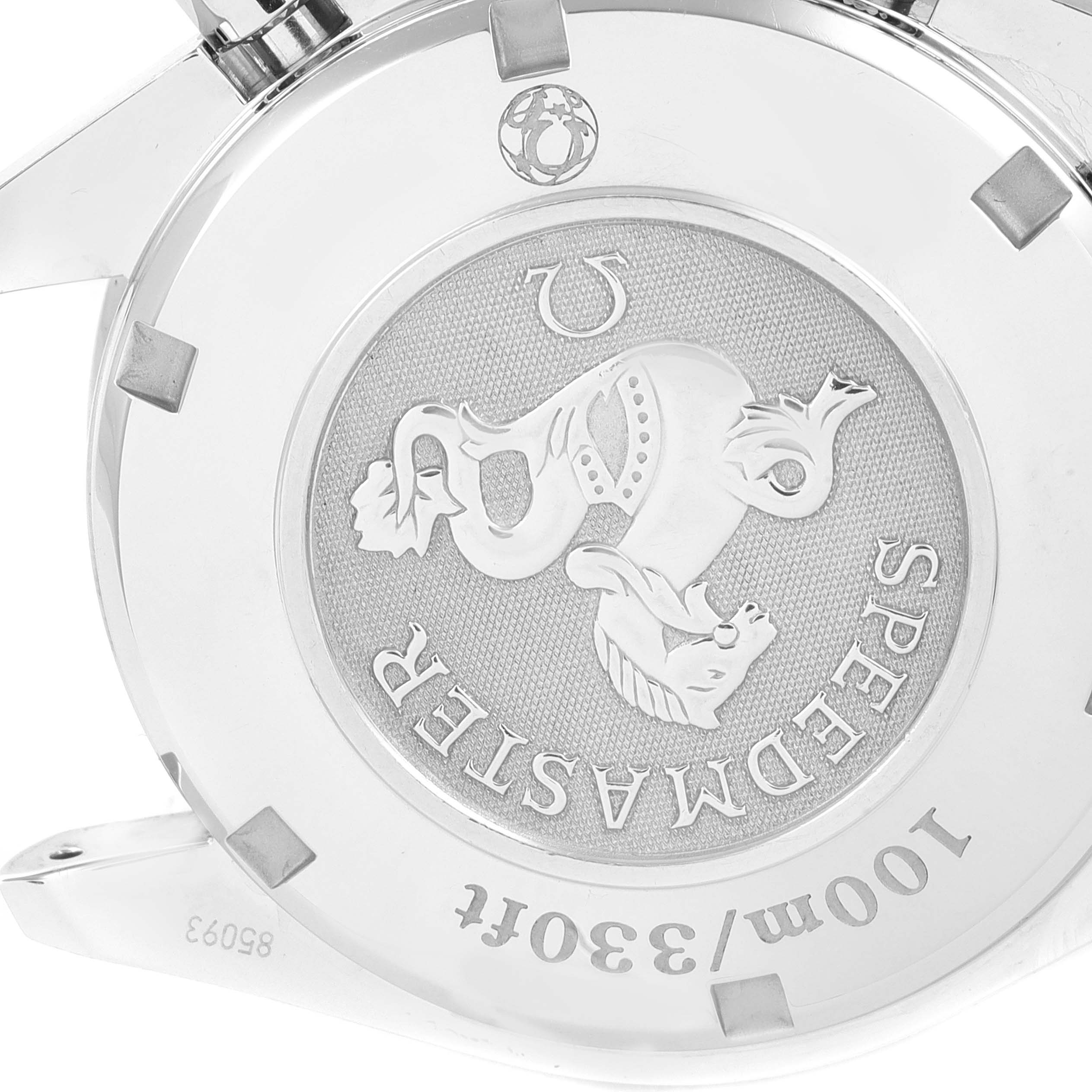 This image shows the case back of the Omega Speedmaster 323.30.40.40.04.001 Men's Stainless Steel White Dial 323.30.40.40.04.001 Men's Stainless Steel White Dial watch, featuring an engraving and water resistance information.