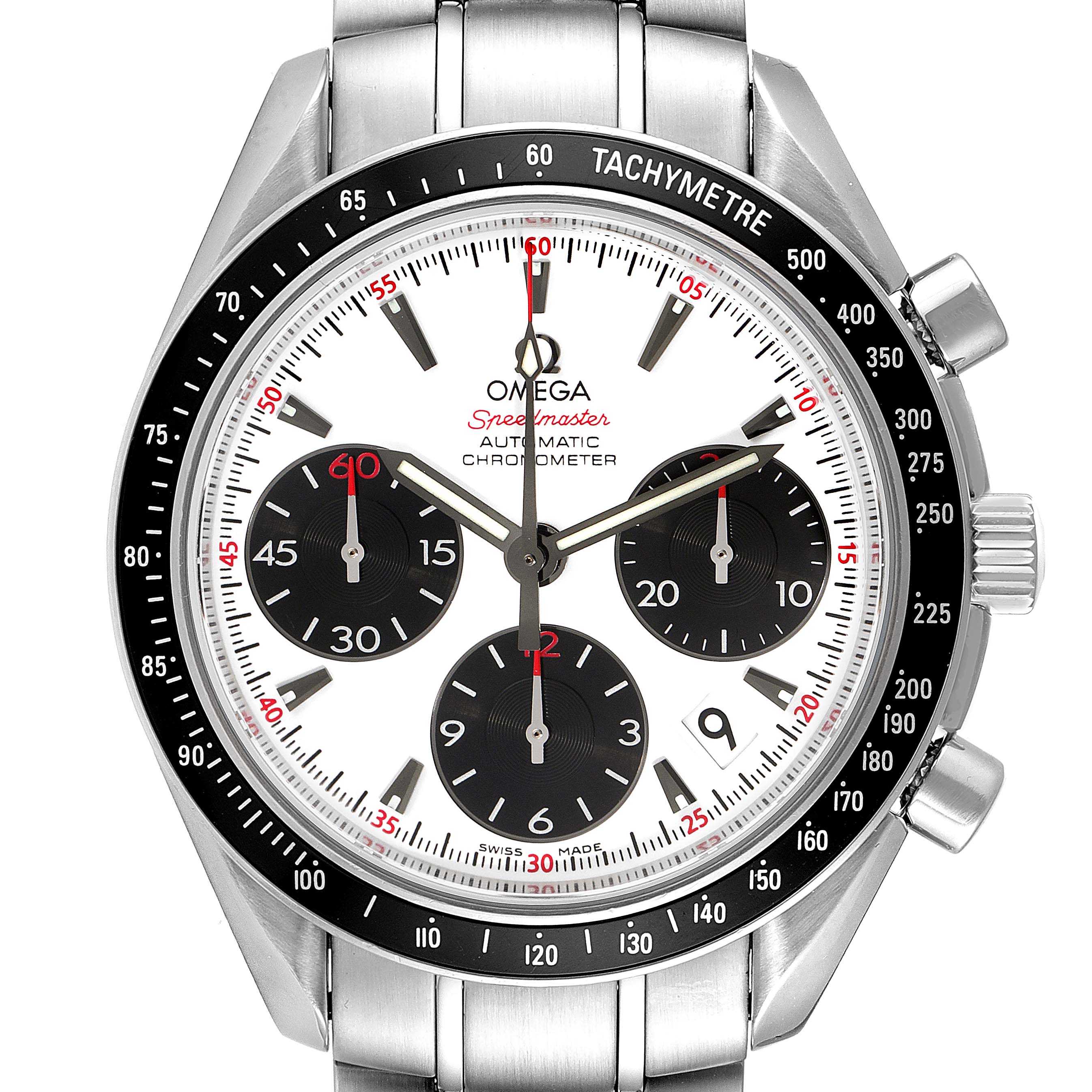 This image shows a close-up of the Omega Speedmaster 323.30.40.40.04.001 Men's Stainless Steel White Dial 323.30.40.40.04.001 Men's Stainless Steel White Dial watch, highlighting its dial, subdials, tachymeter bezel, and stainless steel bracelet.