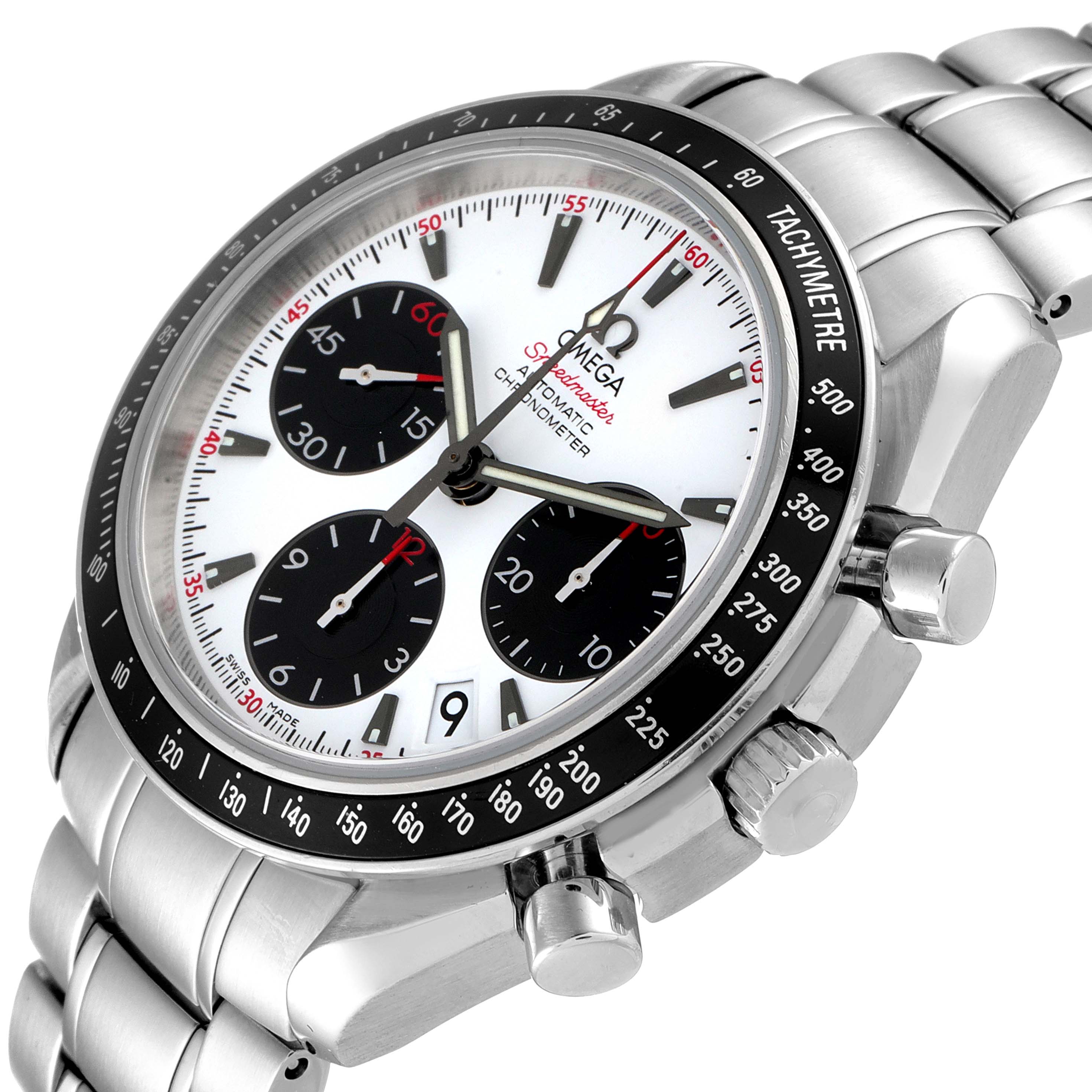 The image shows a side angle of the Omega Speedmaster 323.30.40.40.04.001 Men's Stainless Steel White Dial 323.30.40.40.04.001 Men's Stainless Steel White Dial watch, highlighting its dial, bezel, chronograph sub-dials, and bracelet.