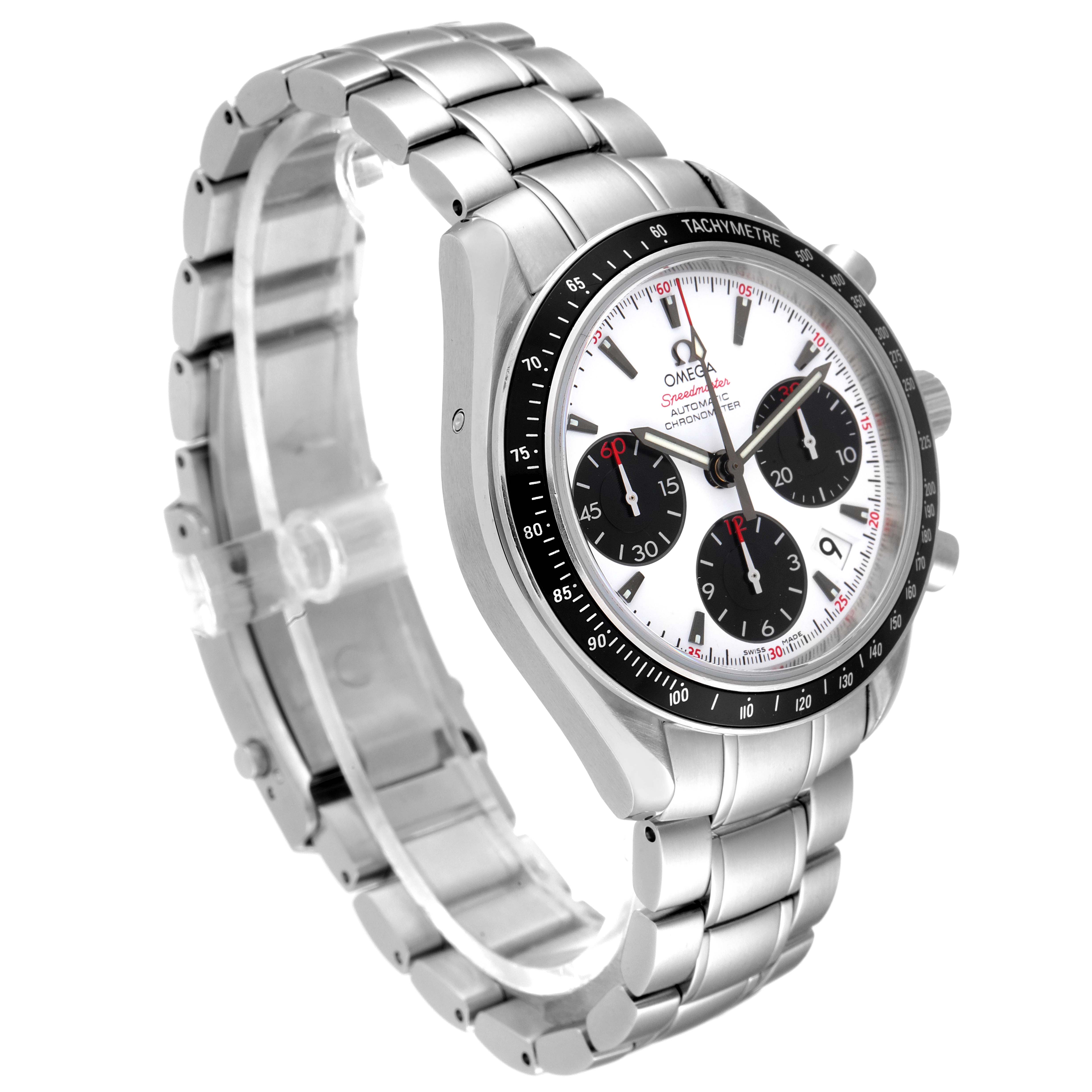 This Omega Speedmaster 323.30.40.40.04.001 Men's Stainless Steel White Dial 323.30.40.40.04.001 Men's Stainless Steel White Dial watch is shown at an angle revealing the face, bezel, bracelet, and crown.