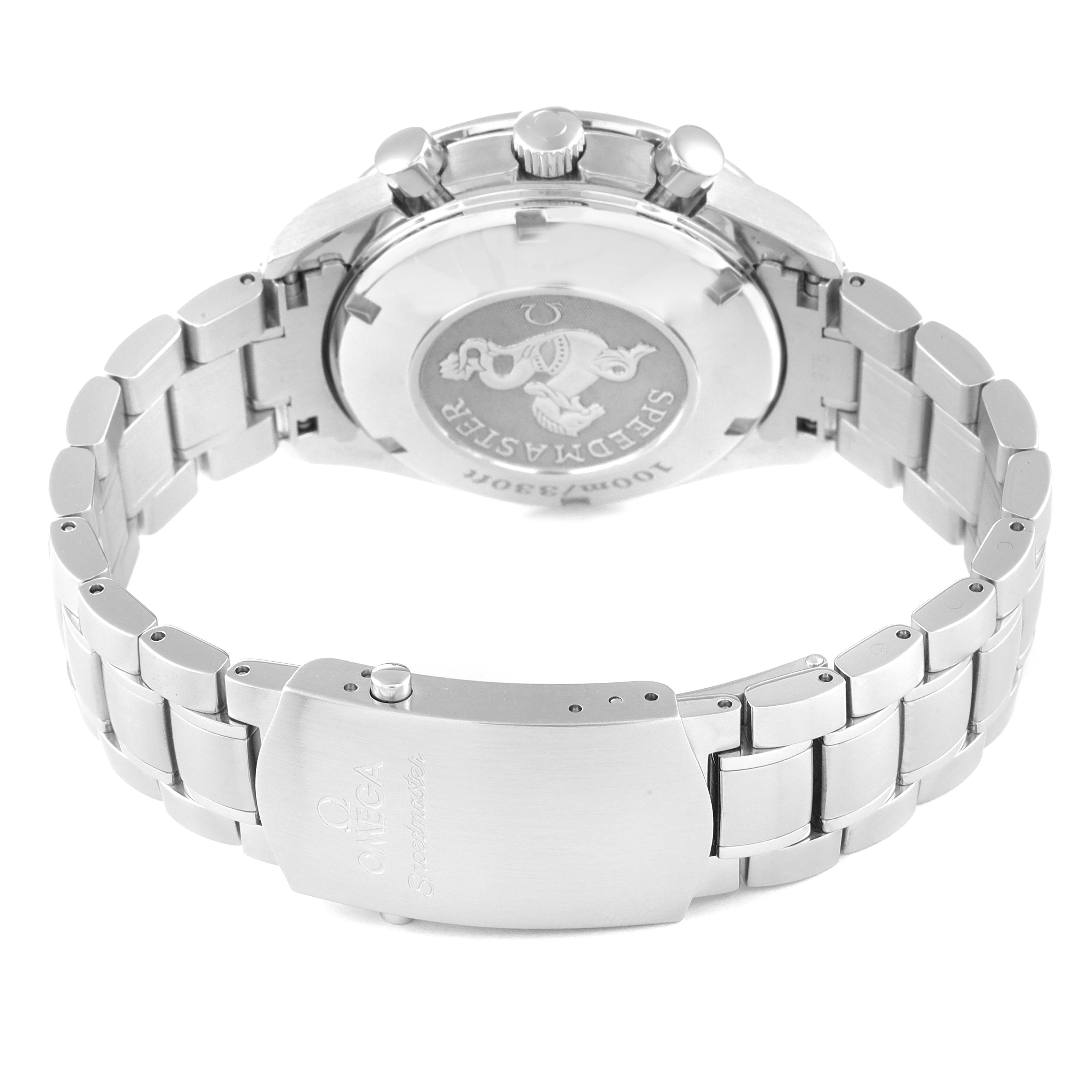 This image shows the back view of an Omega Speedmaster 323.30.40.40.04.001 Men's Stainless Steel White Dial 323.30.40.40.04.001 Men's Stainless Steel White Dial watch, highlighting the clasp and case back with the bracelet.