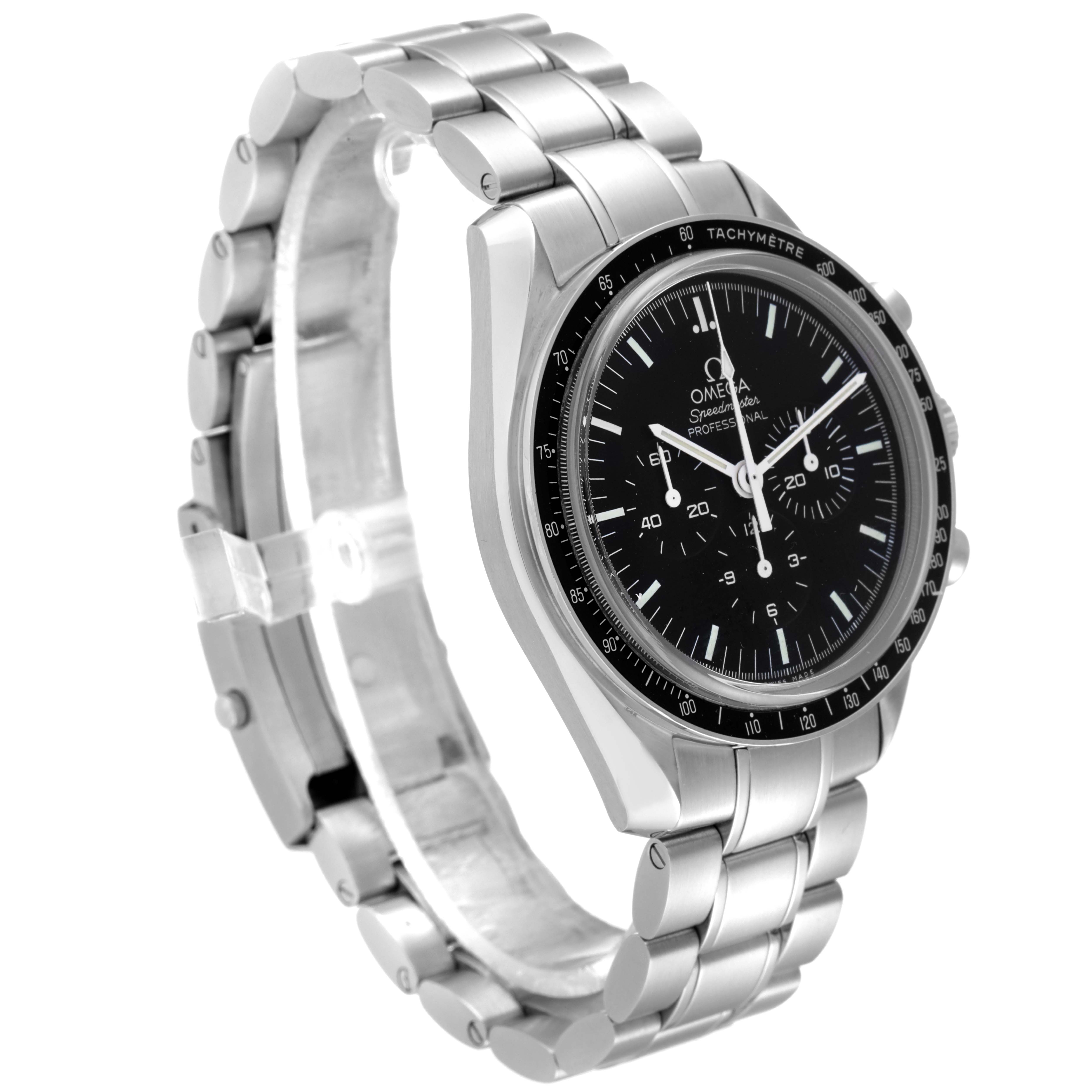 The image shows a side angle of an Omega Speedmaster 311.30.42.30.01.006 Men's Stainless Steel Black Dial 311.30.42.30.01.006 Men's Stainless Steel Black Dial watch, highlighting the face, bezel, and stainless steel bracelet.