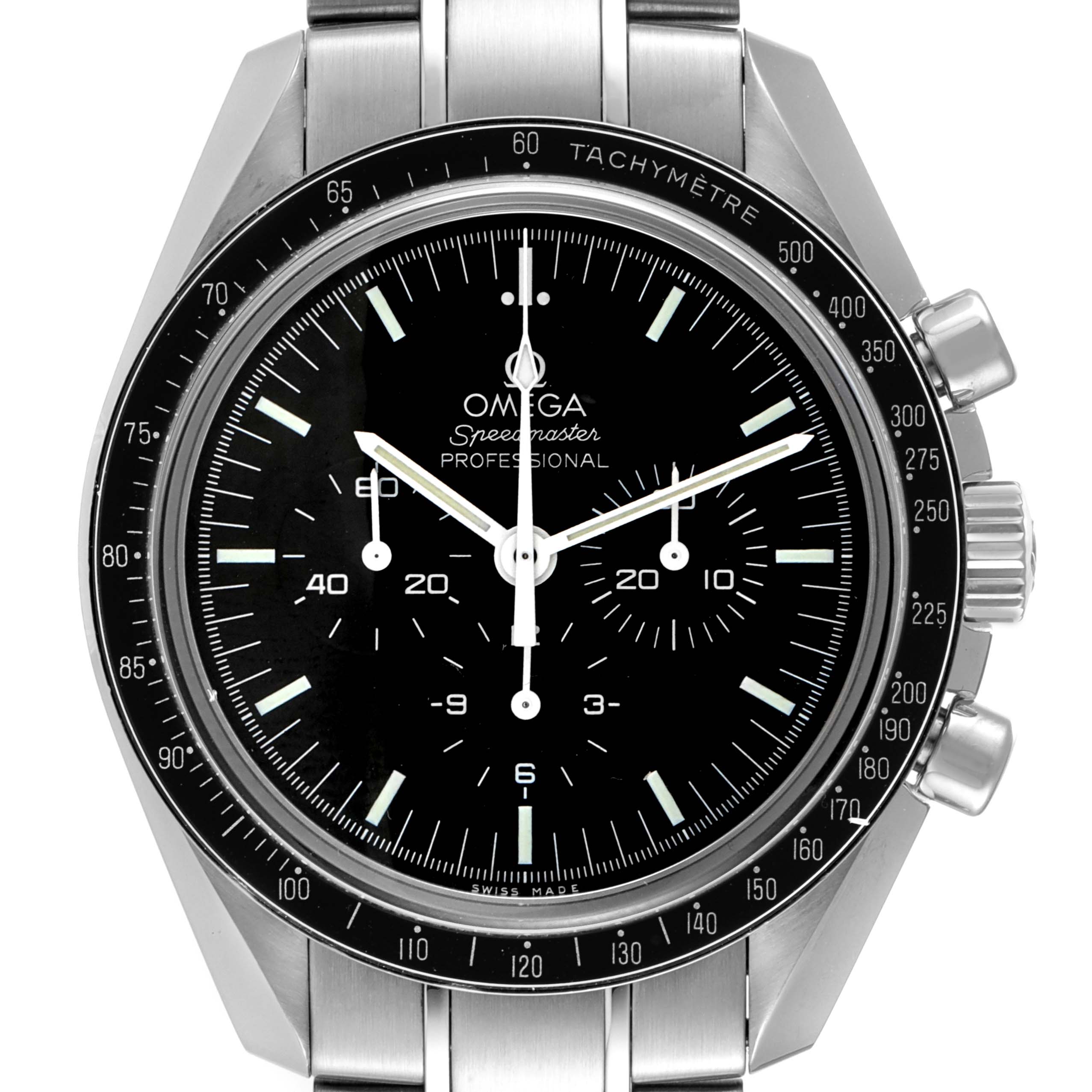The photo shows a front view of the Omega Speedmaster 311.30.42.30.01.006 Men's Stainless Steel Black Dial 311.30.42.30.01.006 Men's Stainless Steel Black Dial watch, displaying the dial, tachymeter bezel, and pushers.