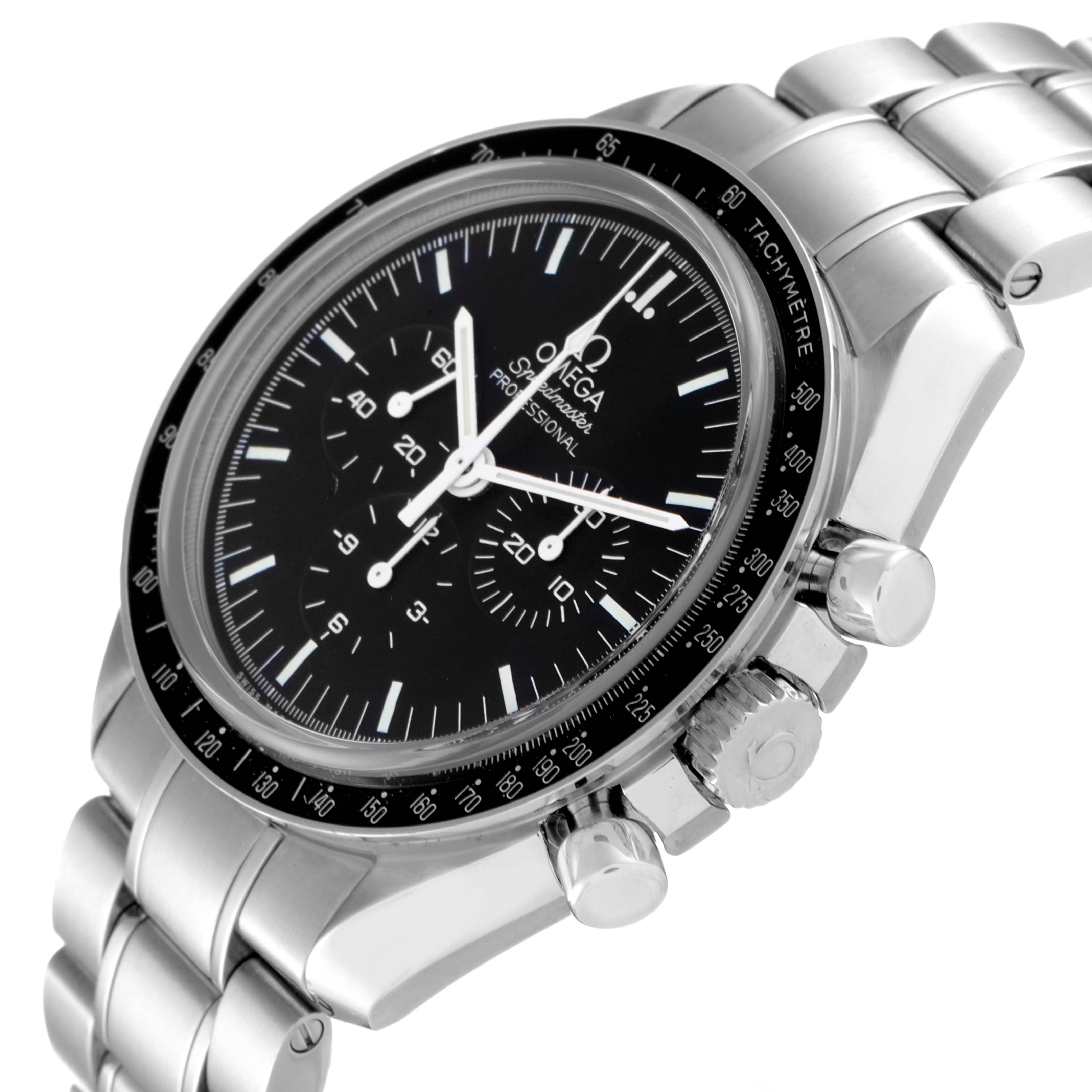 The image shows a close-up angled view of the Omega Speedmaster 311.30.42.30.01.006 Men's Stainless Steel Black Dial 311.30.42.30.01.006 Men's Stainless Steel Black Dial watch, focusing on the dial, bracelet, and side crown buttons.