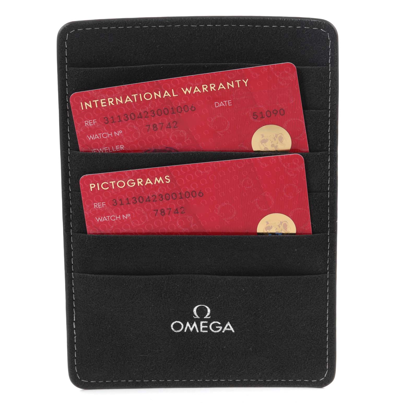 The image shows Omega Speedmaster 311.30.42.30.01.006 Men's Stainless Steel Black Dial 311.30.42.30.01.006 Men's Stainless Steel Black Dial warranty and pictogram cards in a black cardholder with Omega branding.