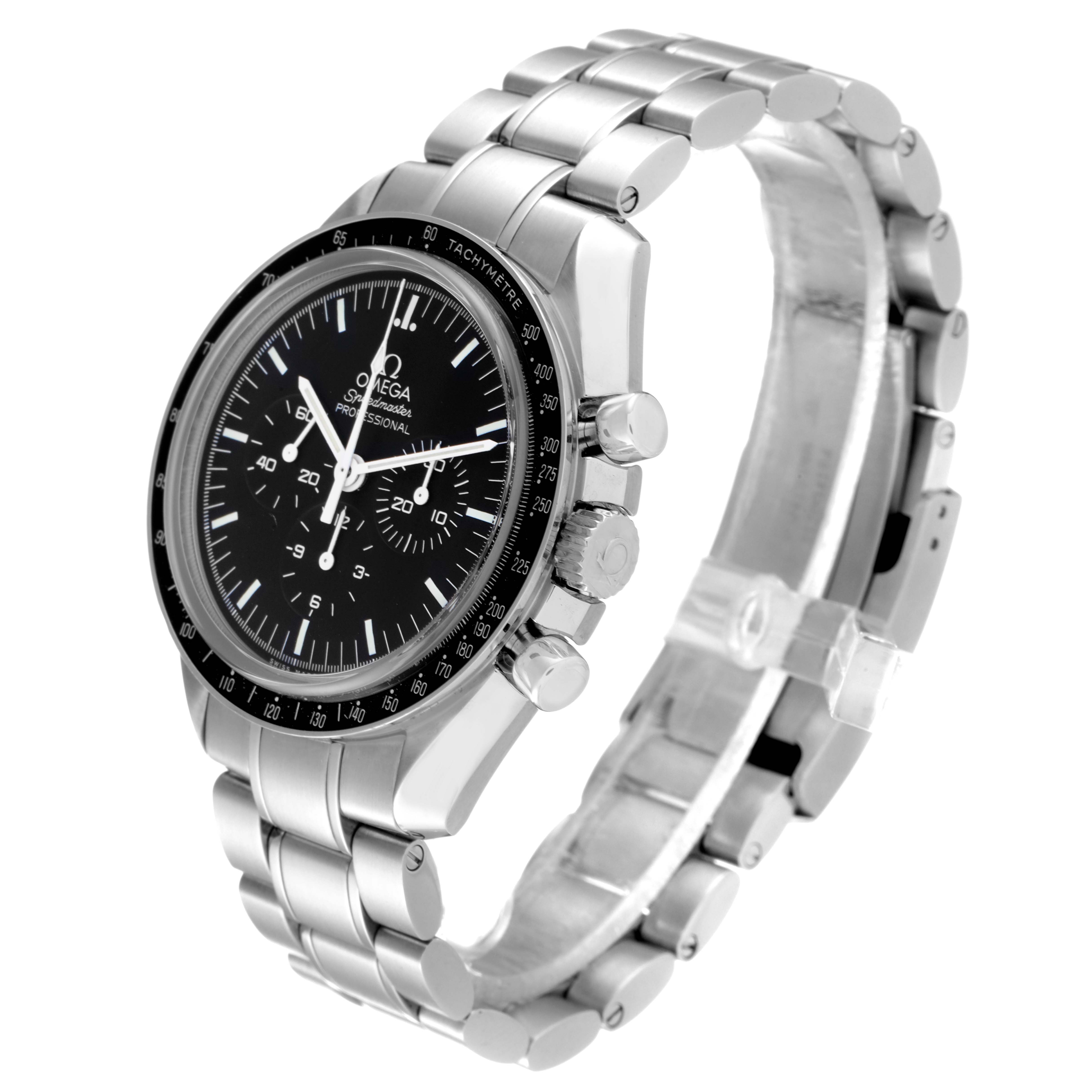This image shows the Omega Speedmaster 311.30.42.30.01.006 Men's Stainless Steel Black Dial 311.30.42.30.01.006 Men's Stainless Steel Black Dial watch at a three-quarter angle, showcasing the bracelet, dial, and side buttons.