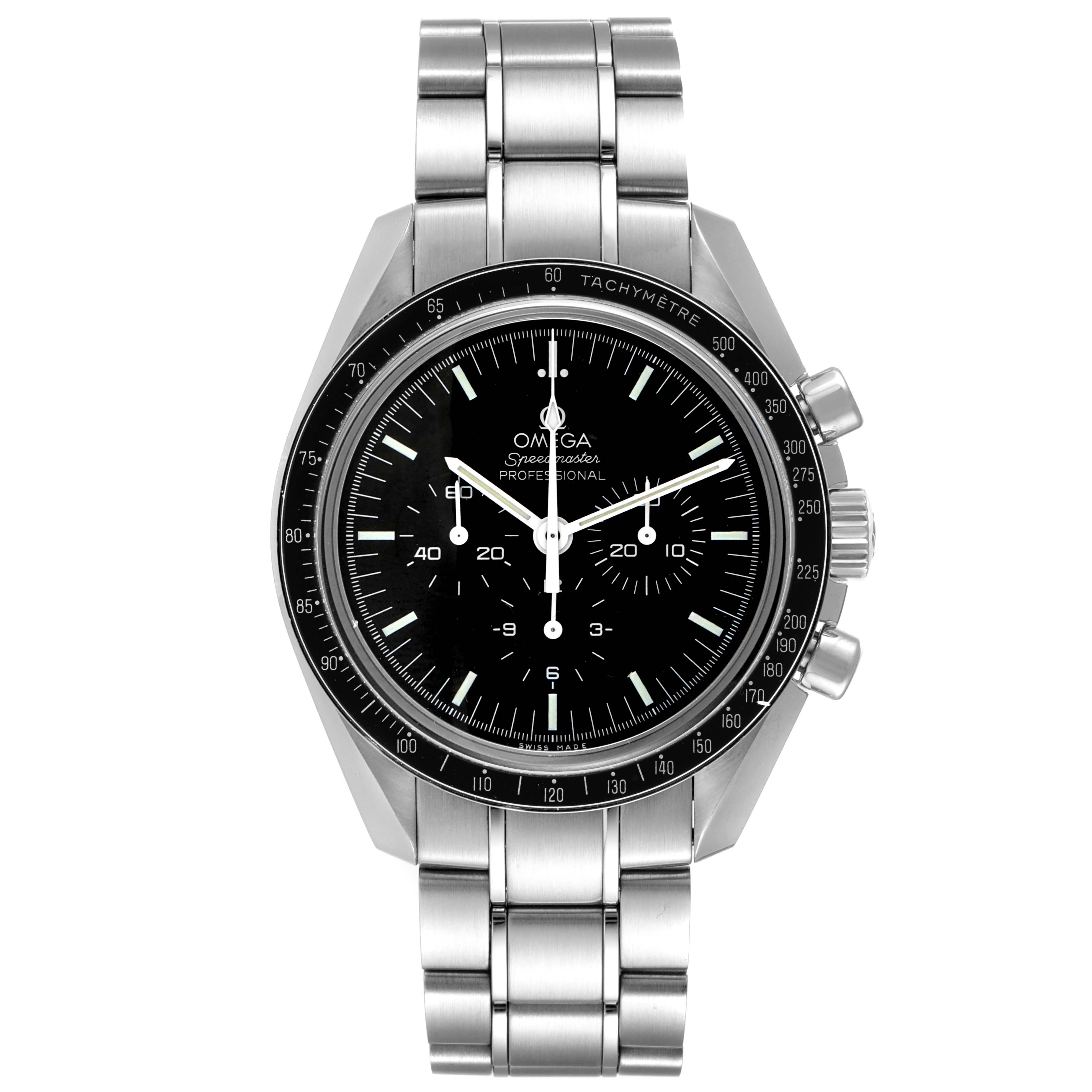 This image shows the front view of an Omega Speedmaster 311.30.42.30.01.006 Men's Stainless Steel Black Dial 311.30.42.30.01.006 Men's Stainless Steel Black Dial watch, highlighting the face, bezel, and stainless steel bracelet.
