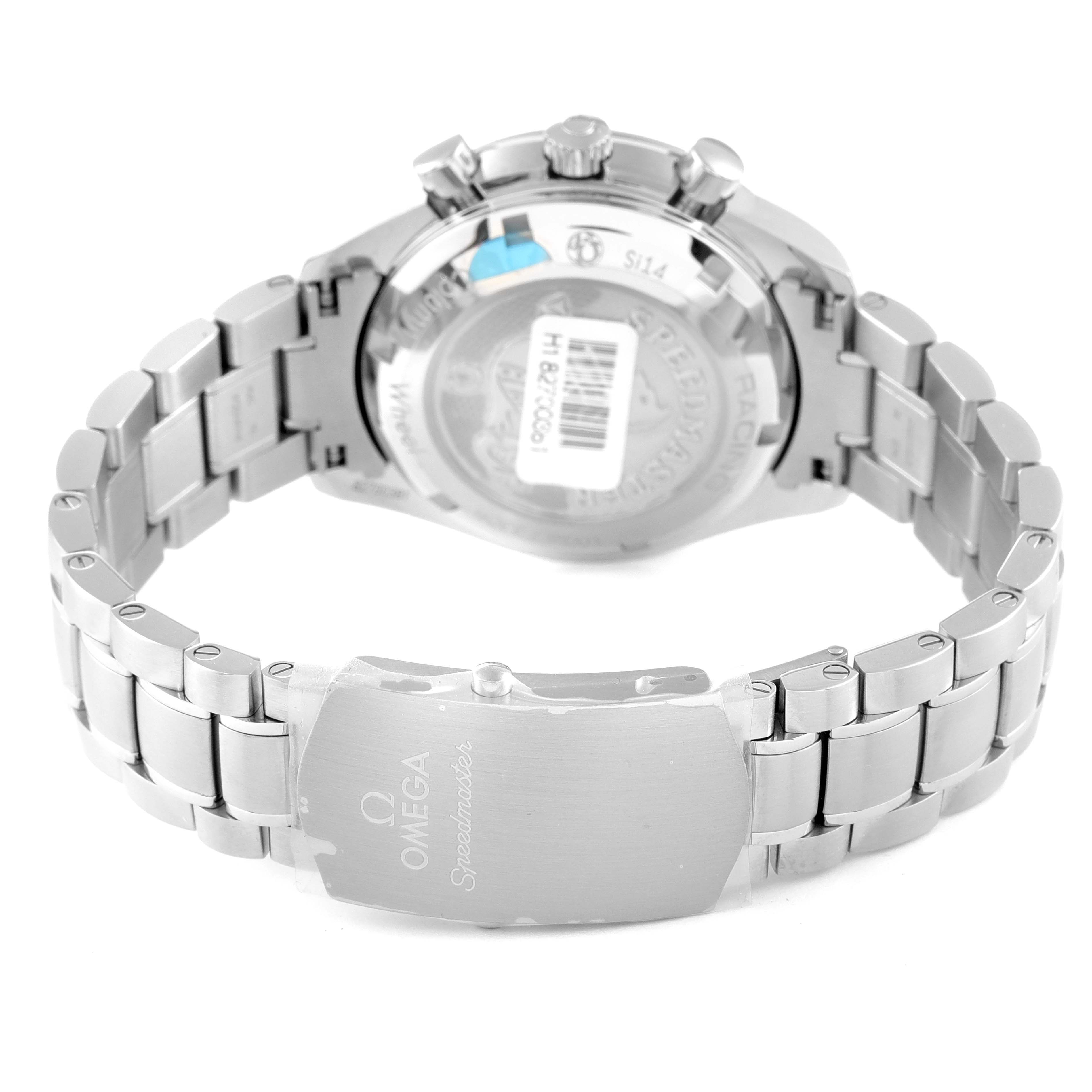 The image shows the back view of an Omega Speedmaster 326.30.40.50.01.001 Men's Stainless Steel Black Dial 326.30.40.50.01.001 Men's Stainless Steel Black Dial watch, highlighting the case back, bracelet, and clasp.