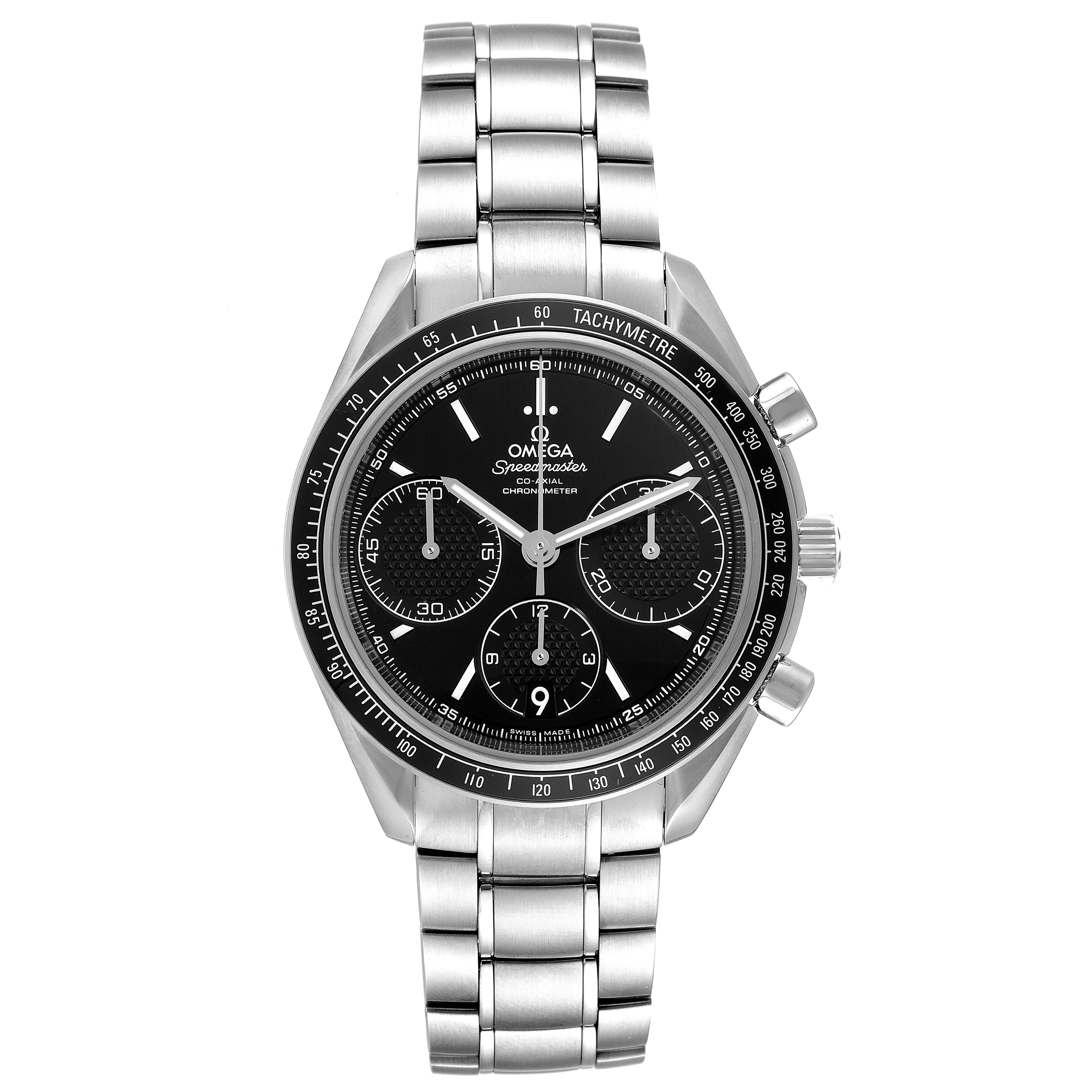 The image shows a front view of an Omega Speedmaster 326.30.40.50.01.001 Men's Stainless Steel Black Dial 326.30.40.50.01.001 Men's Stainless Steel Black Dial watch, displaying the dial, bezel, and stainless steel bracelet.