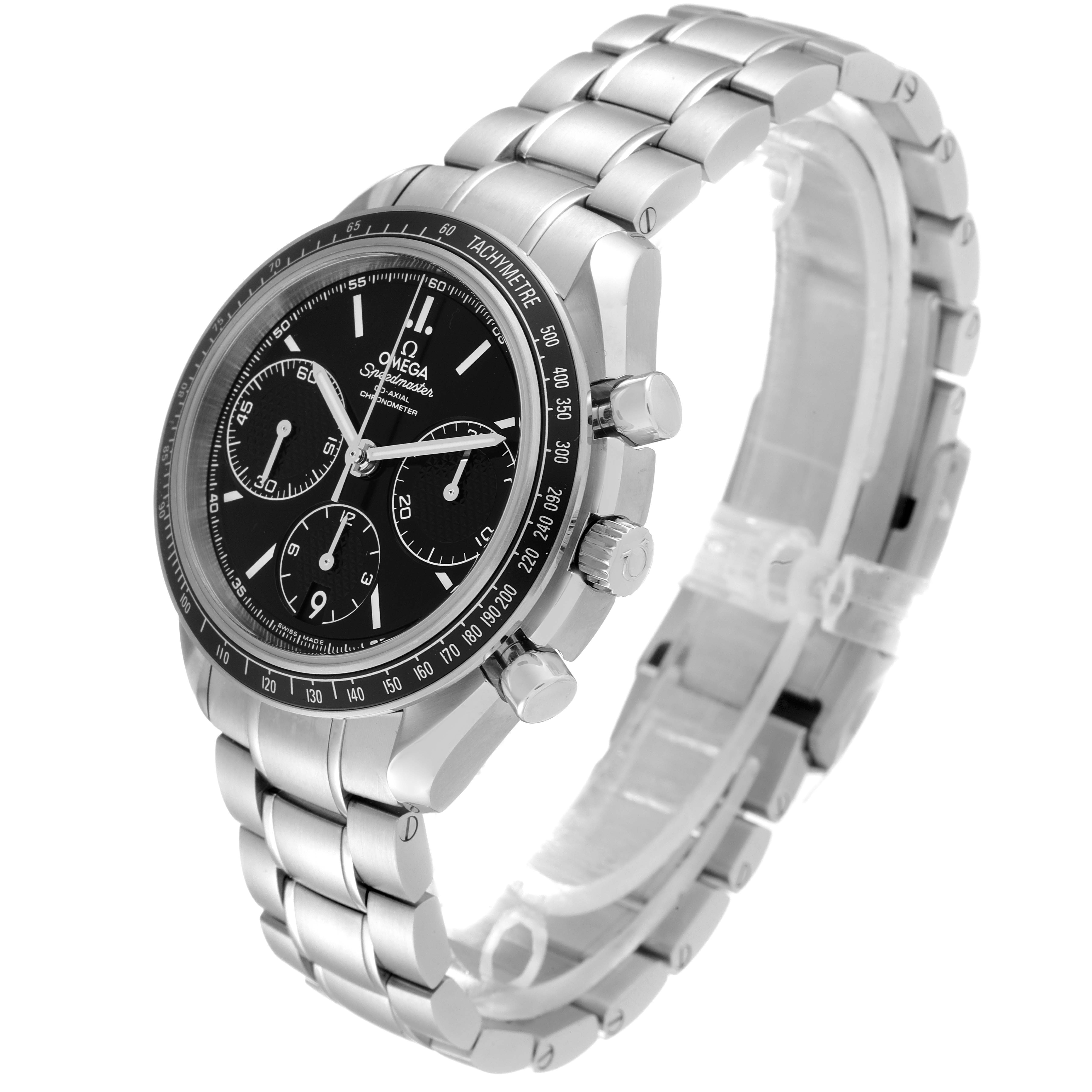 The image shows an Omega Speedmaster 326.30.40.50.01.001 Men's Stainless Steel Black Dial 326.30.40.50.01.001 Men's Stainless Steel Black Dial watch at a three-quarter angle, displaying its face, case, and metal bracelet.