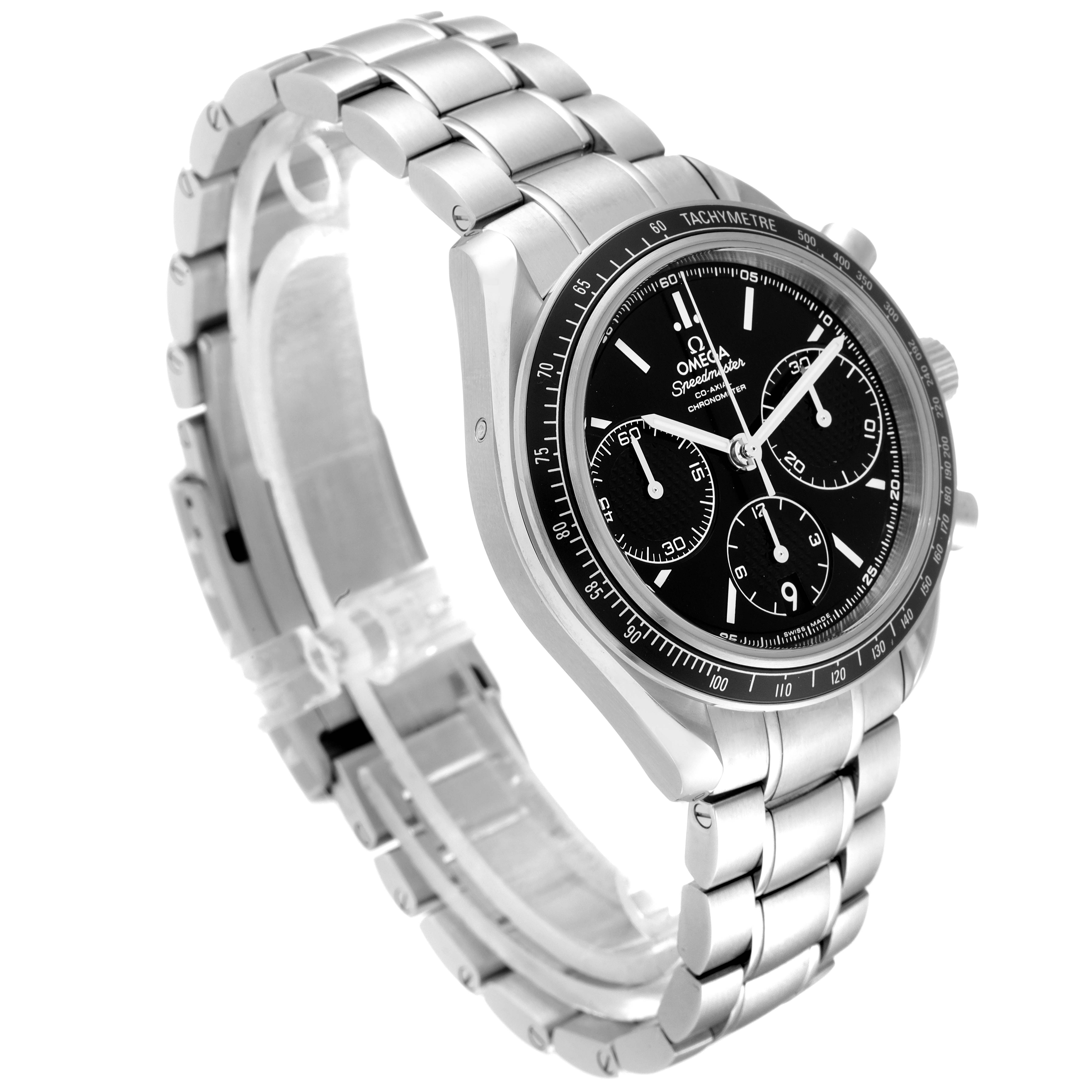 The image shows an angled view of the Omega Speedmaster 326.30.40.50.01.001 Men's Stainless Steel Black Dial 326.30.40.50.01.001 Men's Stainless Steel Black Dial watch, highlighting its face, tachymeter bezel, and metal bracelet.
