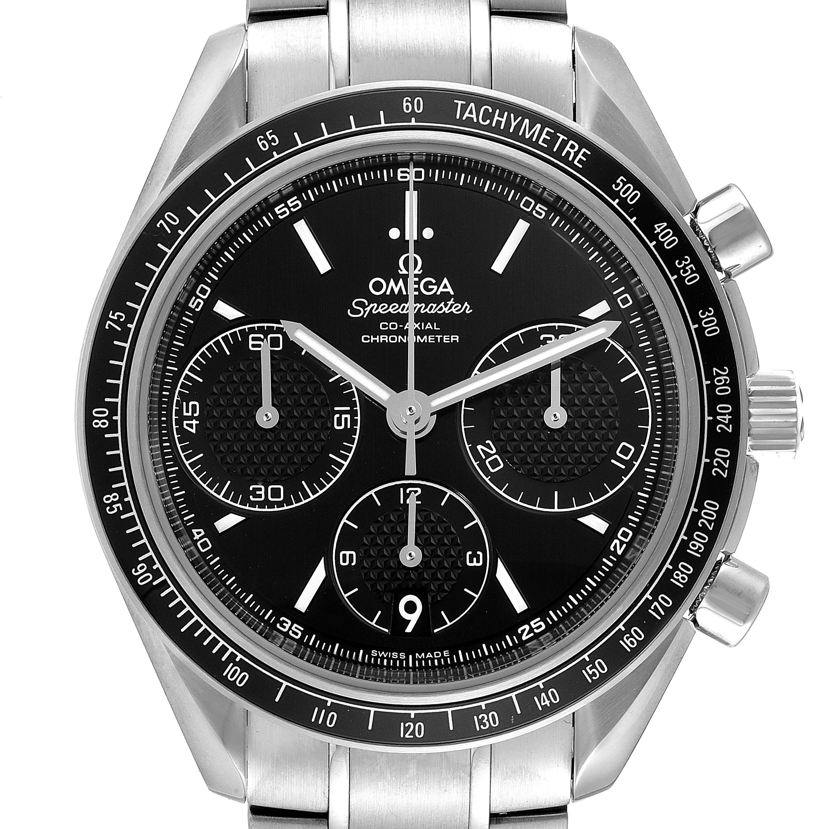 The image shows a front view of the Omega Speedmaster 326.30.40.50.01.001 Men's Stainless Steel Black Dial 326.30.40.50.01.001 Men's Stainless Steel Black Dial watch, highlighting its black dial, chronograph sub-dials, and tachymeter bezel.