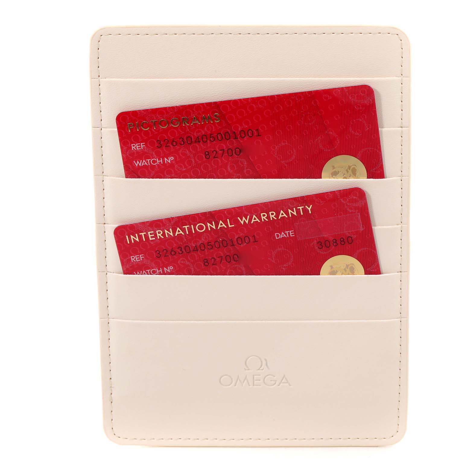 The image shows the warranty and pictograms cards for the Omega Speedmaster 326.30.40.50.01.001 Men's Stainless Steel Black Dial 326.30.40.50.01.001 Men's Stainless Steel Black Dial, displayed in a white Omega cardholder.