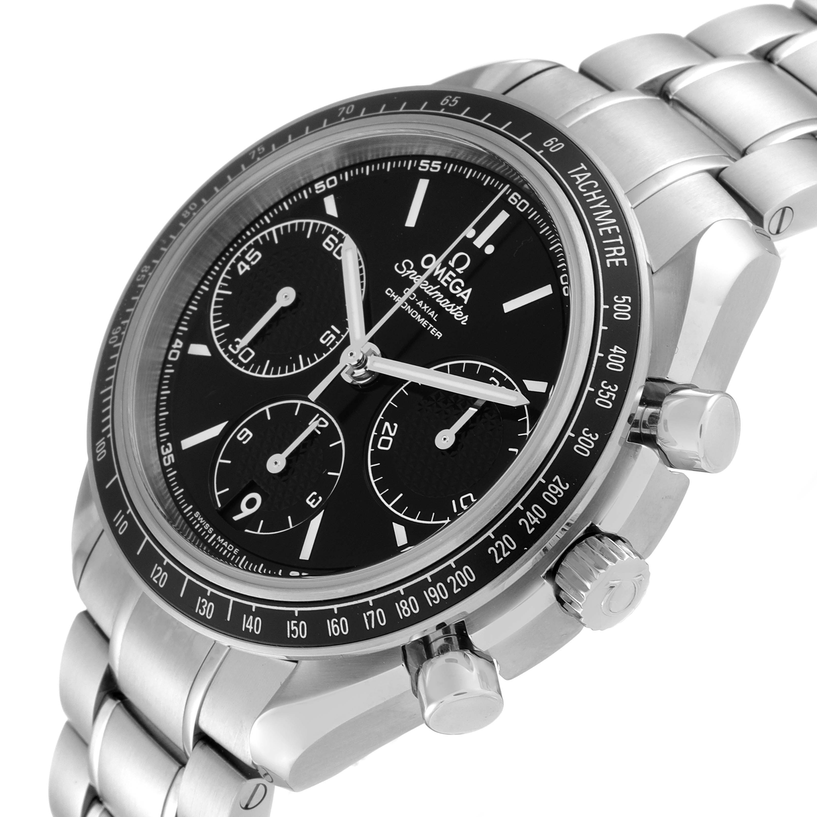 This image shows an angled view of the Omega Speedmaster 326.30.40.50.01.001 Men's Stainless Steel Black Dial 326.30.40.50.01.001 Men's Stainless Steel Black Dial watch, highlighting the dial, tachymeter, pushers, and metal bracelet.