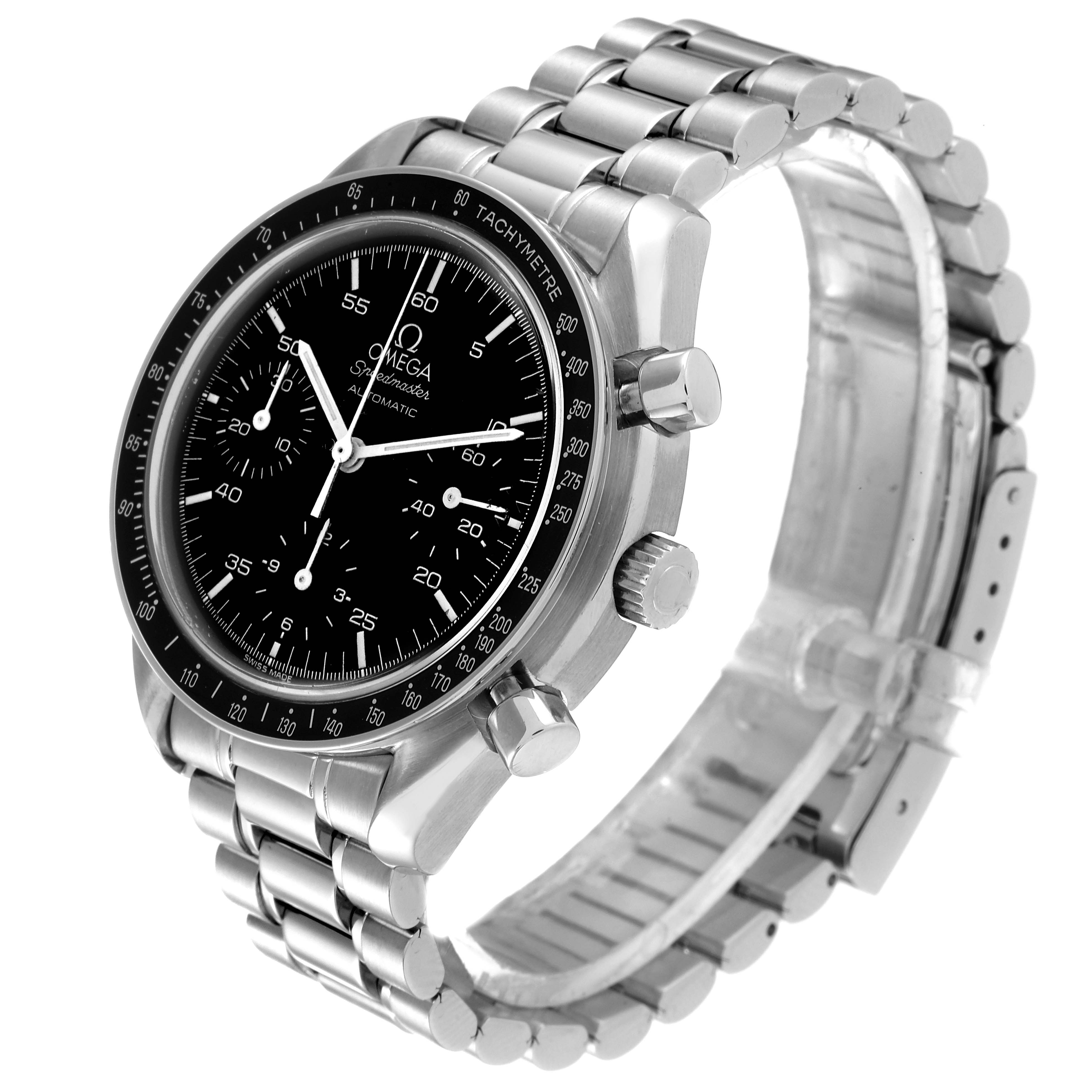 The Omega Speedmaster 3510.50.00 Men's Stainless Steel Black Dial 3510.50.00 Men's Stainless Steel Black Dial watch is shown at an angle, highlighting its black dial, stainless steel case, and metal bracelet.