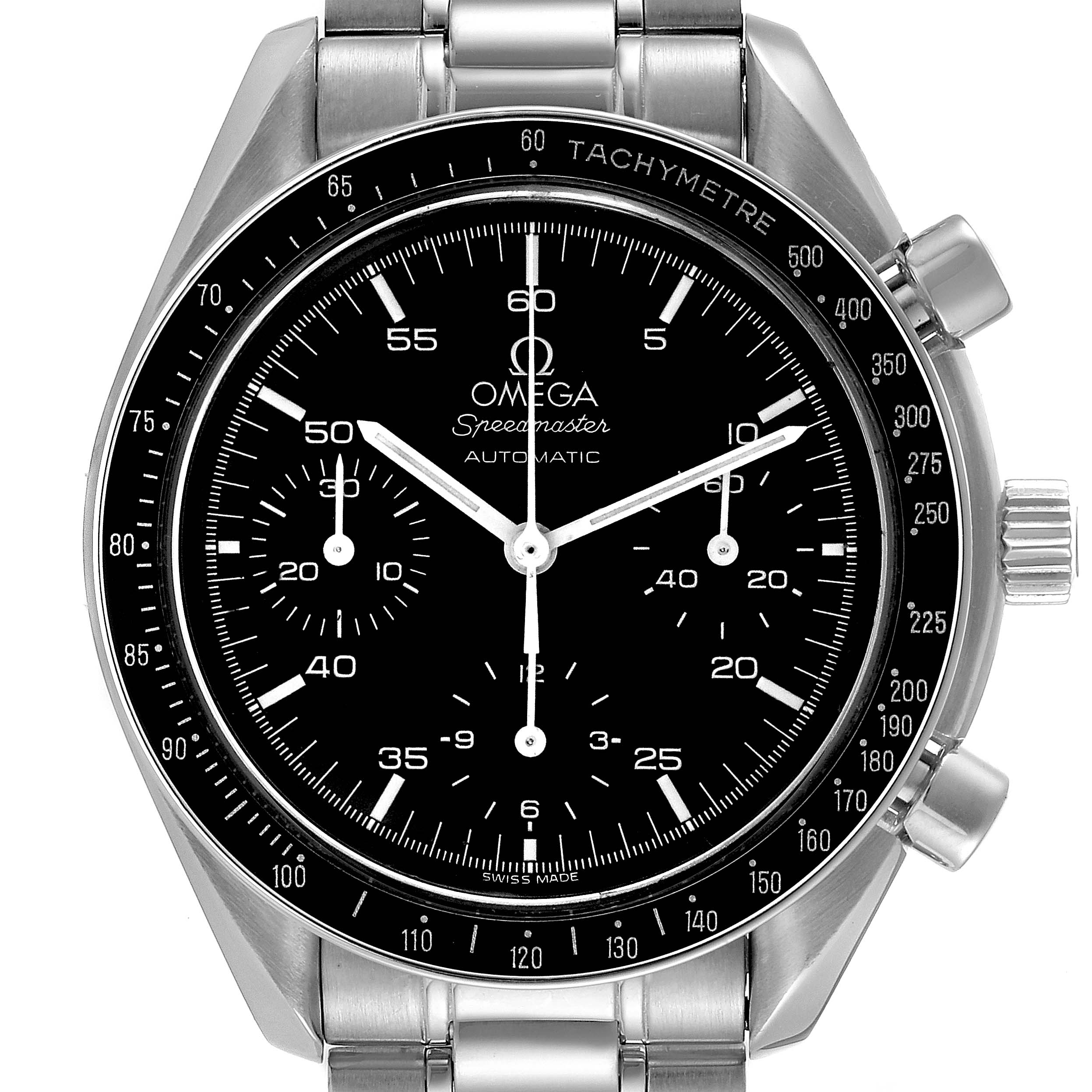 This image shows the face and part of the bracelet of an Omega Speedmaster 3510.50.00 Men's Stainless Steel Black Dial 3510.50.00 Men's Stainless Steel Black Dial watch, viewed from the front.