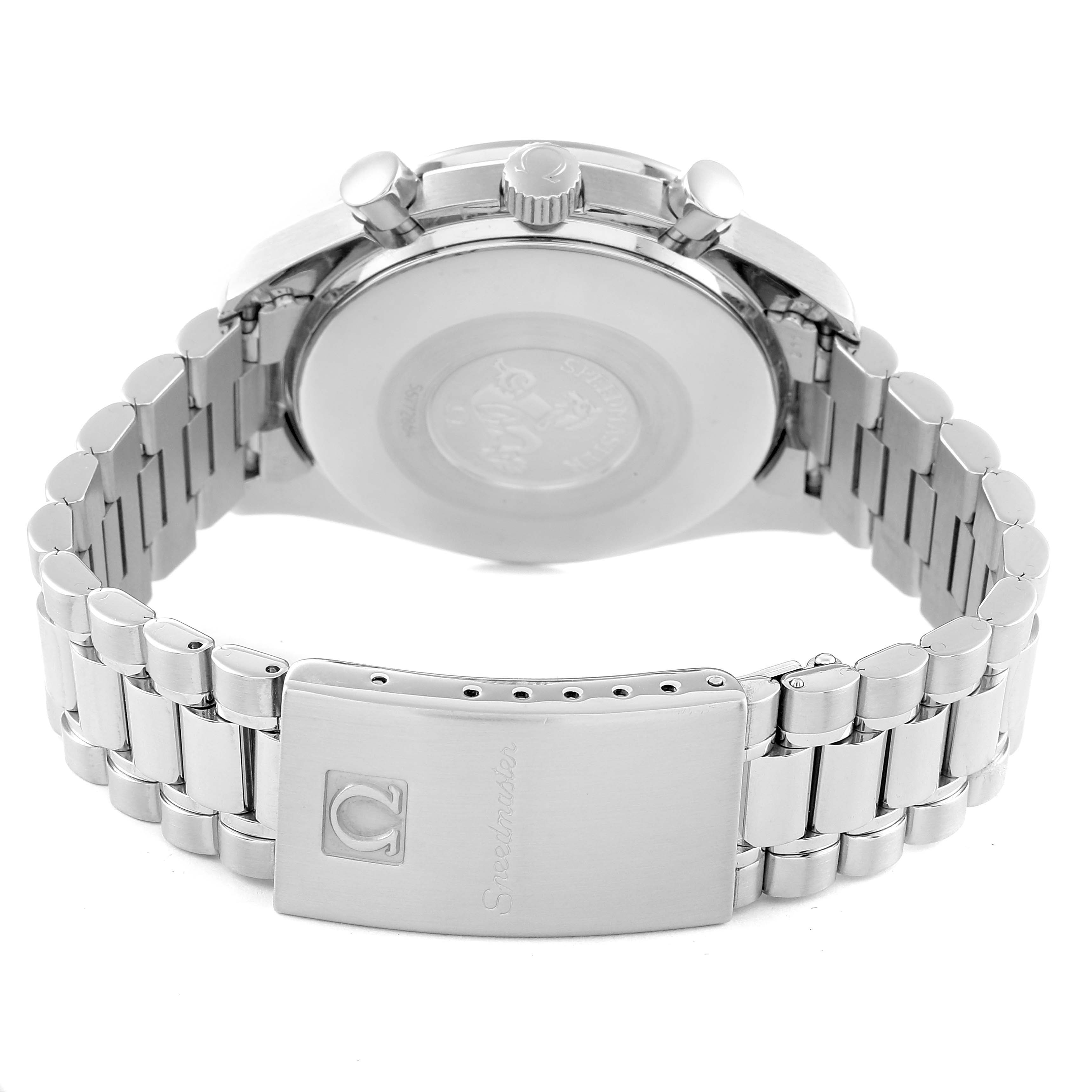 The image shows the rear view of the Omega Speedmaster 3510.50.00 Men's Stainless Steel Black Dial 3510.50.00 Men's Stainless Steel Black Dial watch, highlighting the case back, bracelet, and clasp with the Speedmaster logo.