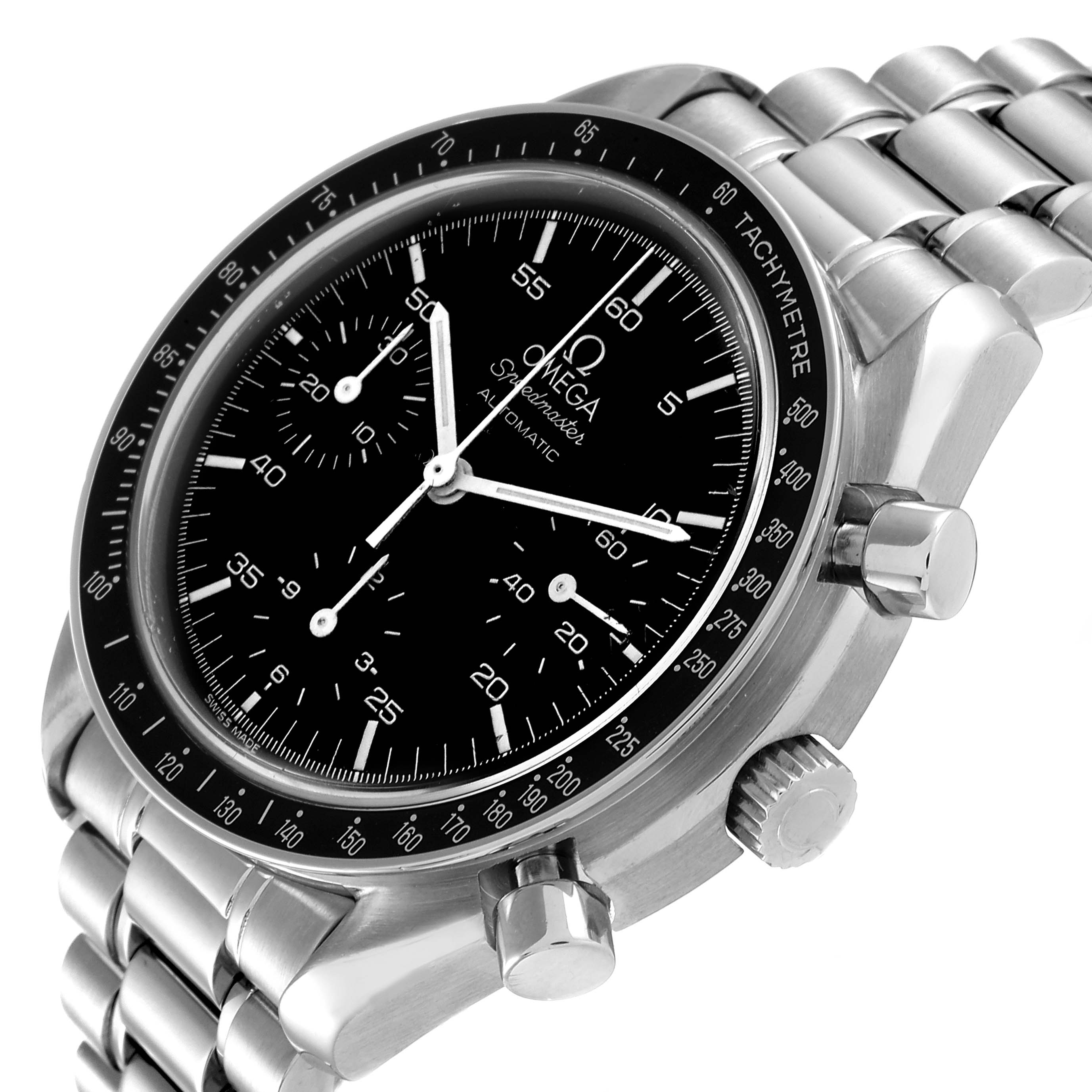 This image shows a close-up angled view of the Omega Speedmaster 3510.50.00 Men's Stainless Steel Black Dial 3510.50.00 Men's Stainless Steel Black Dial watch, showcasing the dial, bezel, and side pushers.
