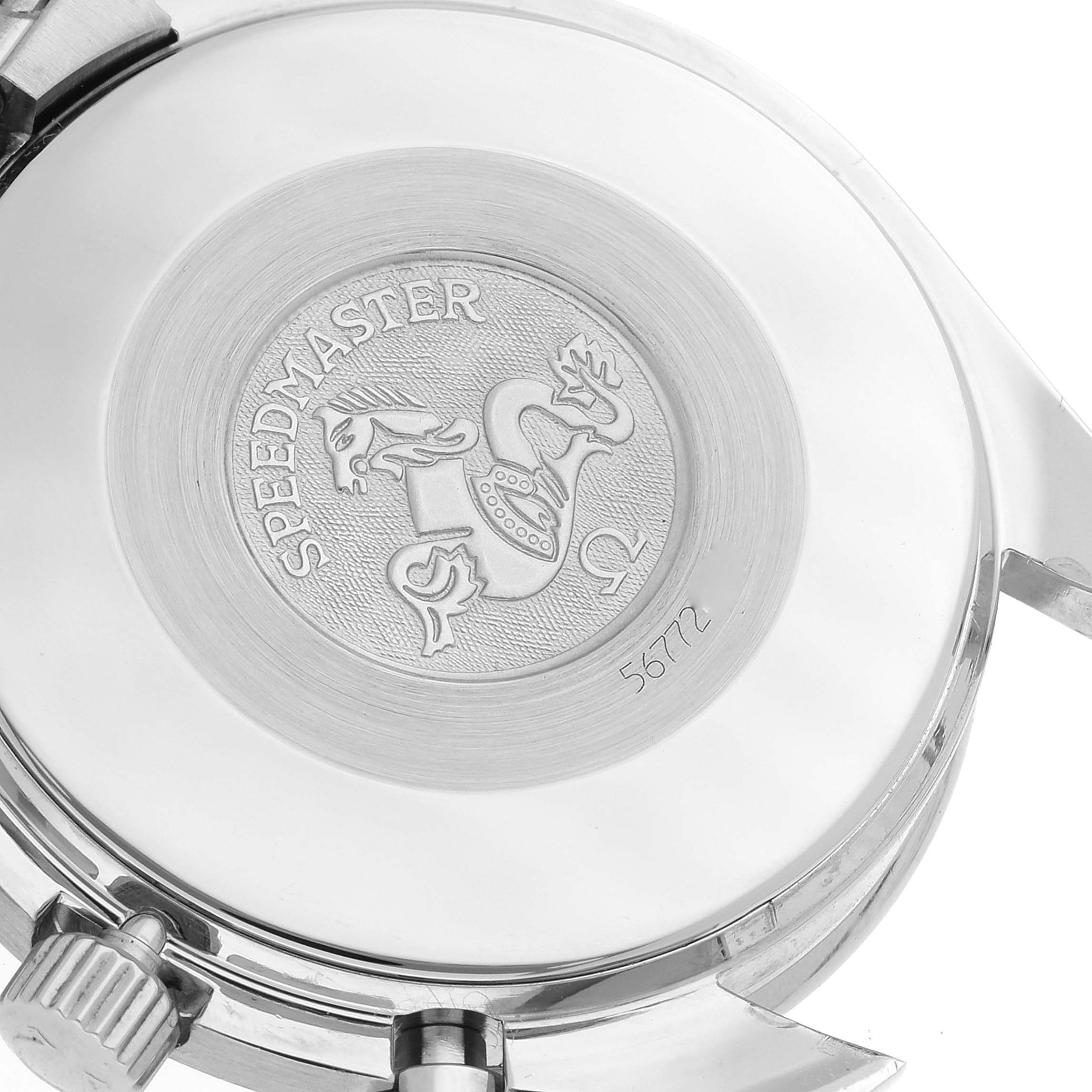 This image shows the case back of an Omega Speedmaster 3510.50.00 Men's Stainless Steel Black Dial 3510.50.00 Men's Stainless Steel Black Dial watch, featuring the engraved emblem and model name.