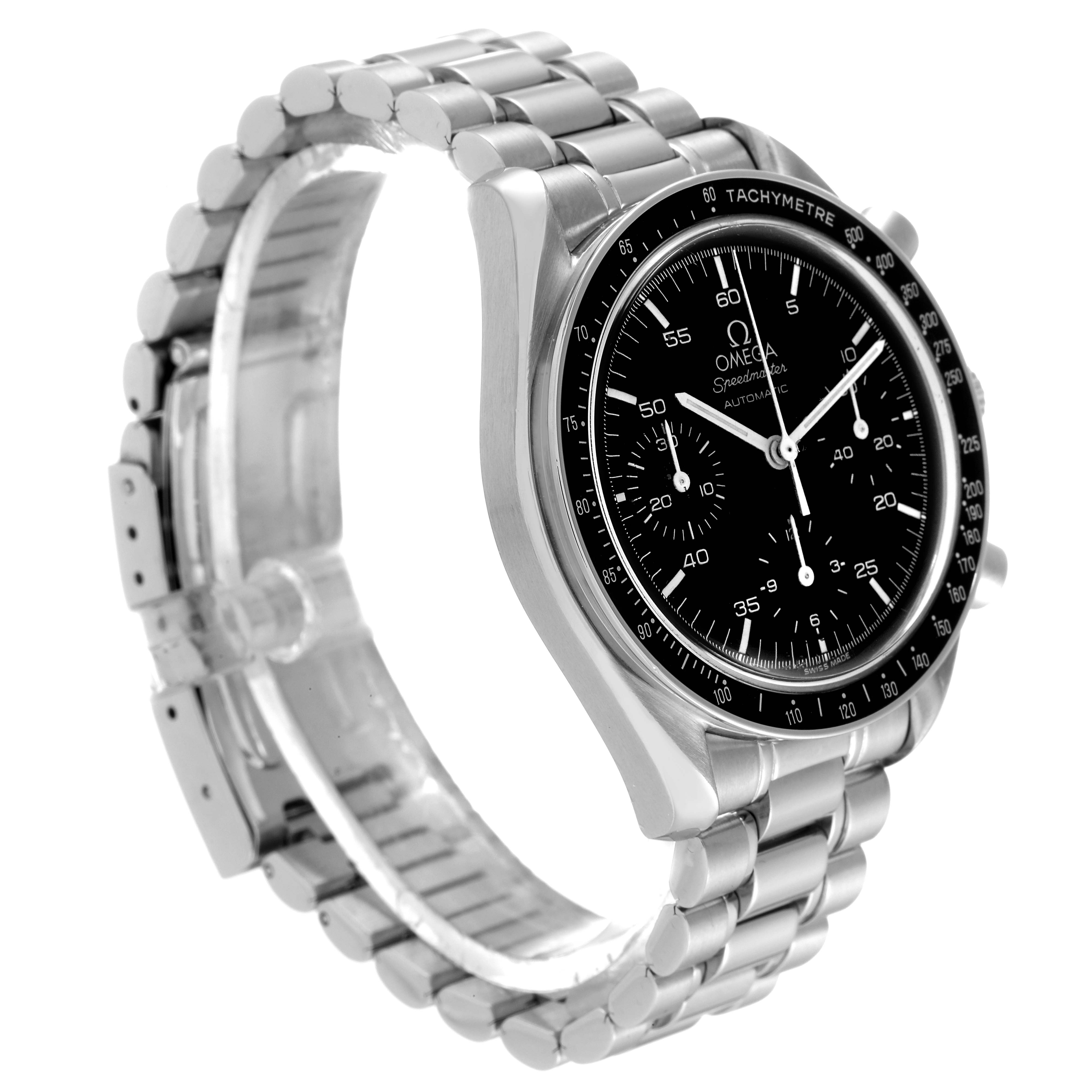 The image shows an angled side and front view of the Omega Speedmaster 3510.50.00 Men's Stainless Steel Black Dial 3510.50.00 Men's Stainless Steel Black Dial watch, highlighting its stainless steel case and bracelet.