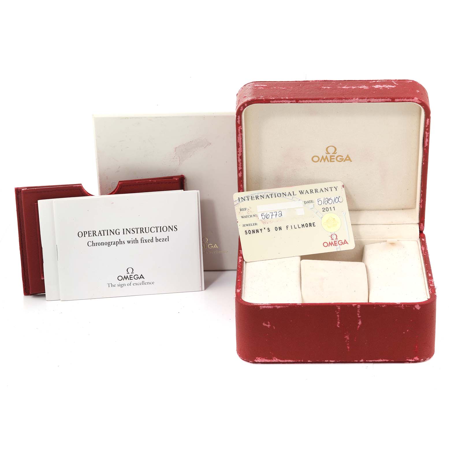 The image shows the packaging, operating instructions, international warranty card, and empty watch box for an Omega Speedmaster 3510.50.00 Men's Stainless Steel Black Dial 3510.50.00 Men's Stainless Steel Black Dial watch.