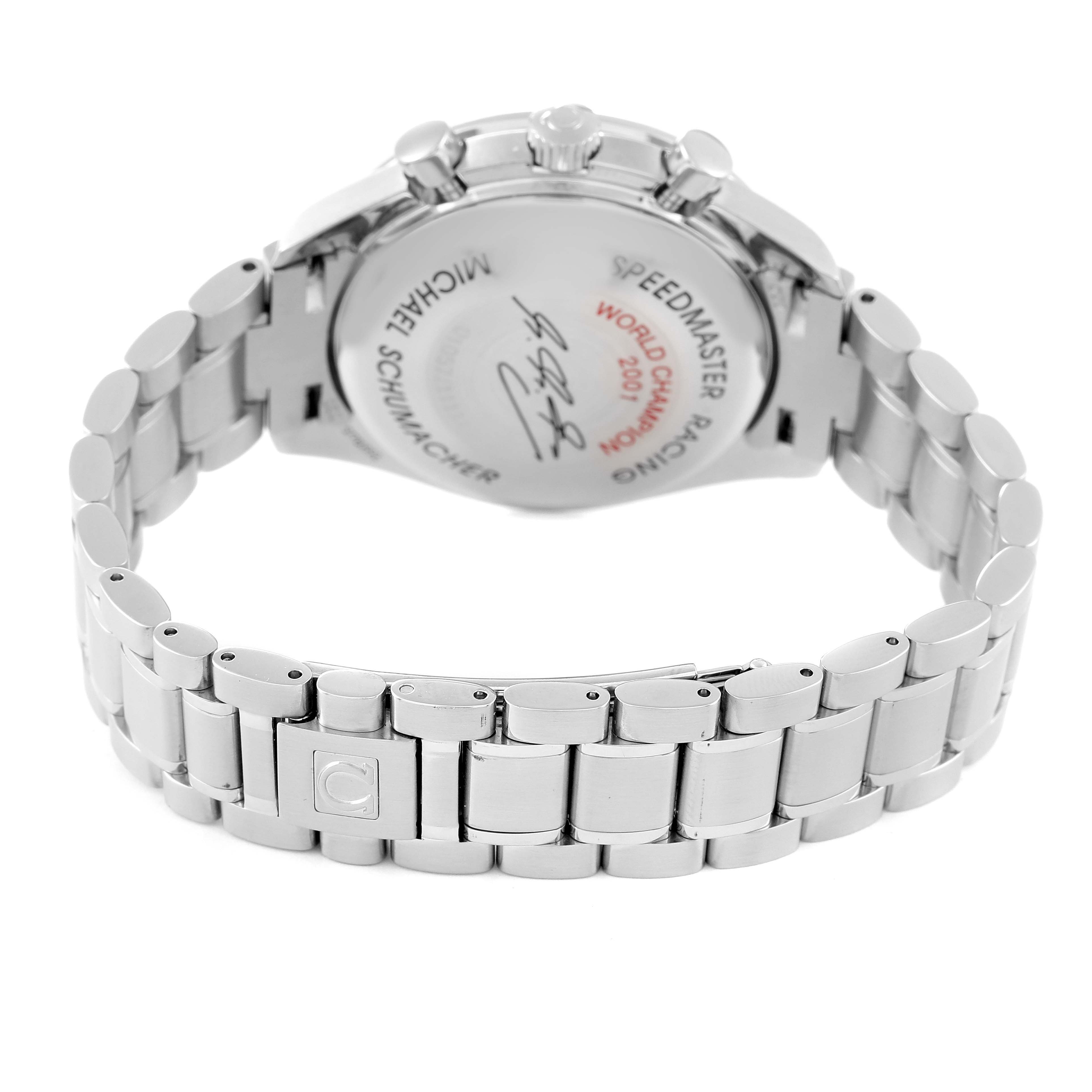 The image shows the back case and the stainless steel bracelet of the Omega Speedmaster 3519.50.00 Men's Stainless Steel Black Dial 3519.50.00 Men's Stainless Steel Black Dial model.