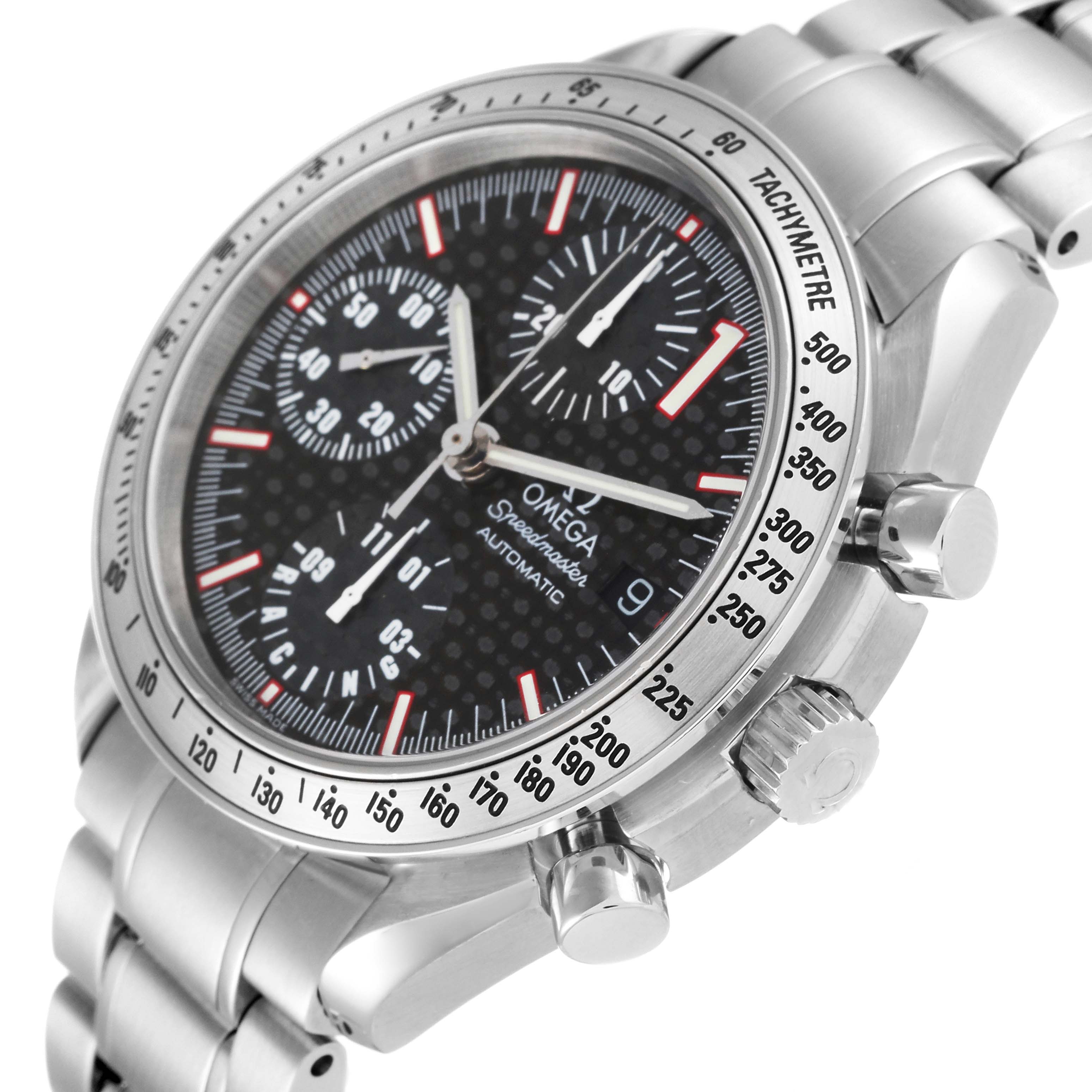 The image shows an angled view of the face, bezel, and bracelet of an Omega Speedmaster 3519.50.00 Men's Stainless Steel Black Dial 3519.50.00 Men's Stainless Steel Black Dial watch.