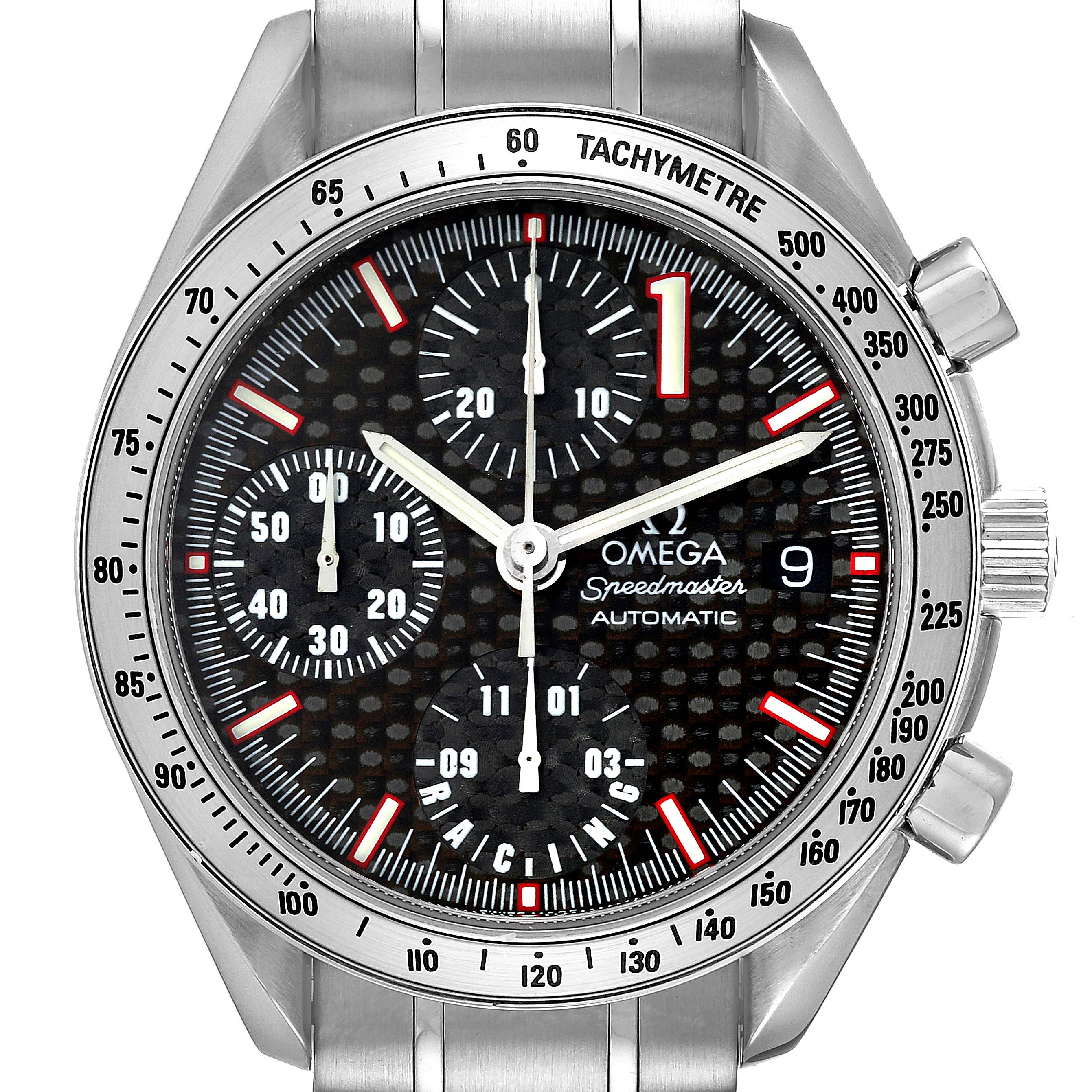 The image shows a frontal view of an Omega Speedmaster 3519.50.00 Men's Stainless Steel Black Dial 3519.50.00 Men's Stainless Steel Black Dial watch, highlighting its face, chronographs, and tachymeter bezel.