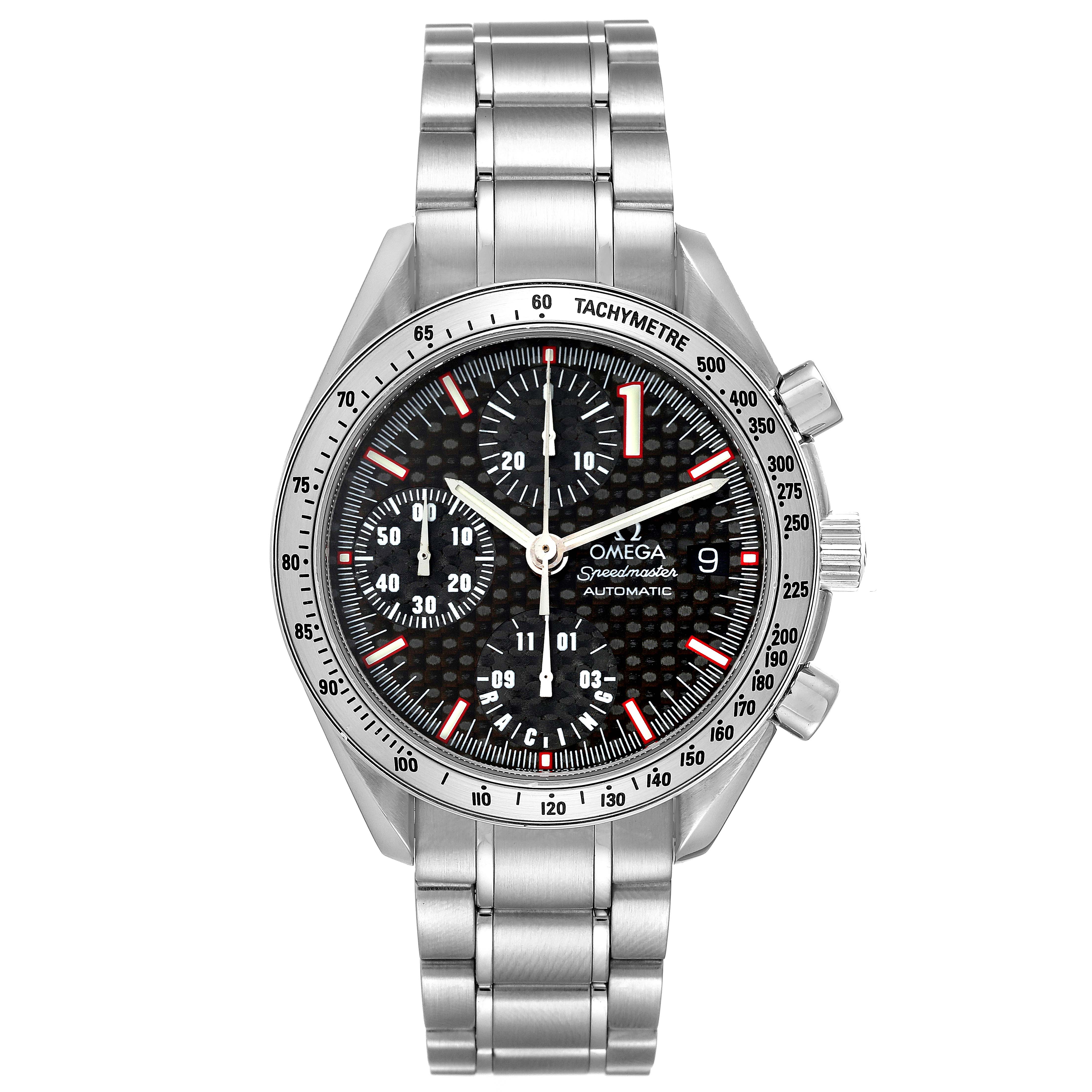 The Omega Speedmaster 3519.50.00 Men's Stainless Steel Black Dial 3519.50.00 Men's Stainless Steel Black Dial watch is shown from the front, displaying the dial, bezel, chronograph, and metal bracelet.