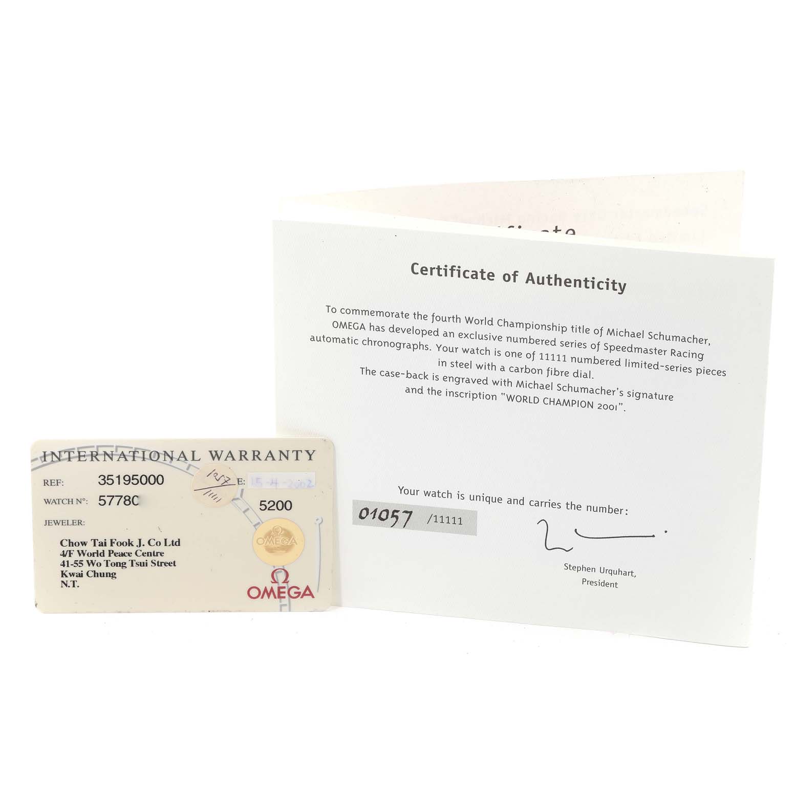 The image shows the certificate of authenticity and the international warranty card for the Omega Speedmaster 3519.50.00 Men's Stainless Steel Black Dial 3519.50.00 Men's Stainless Steel Black Dial watch model.