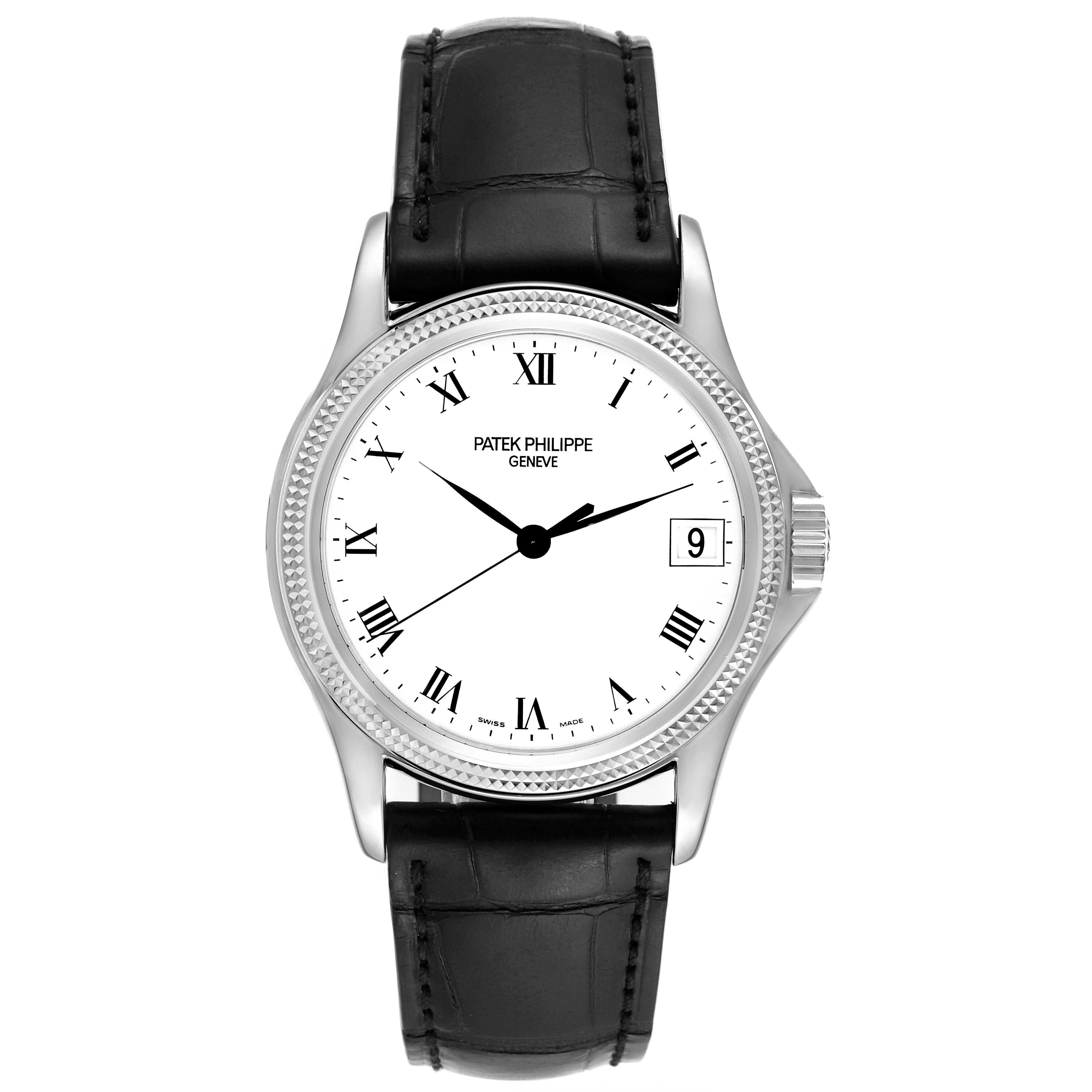 The image shows a front view of a Patek Philippe Calatrava 5117G-001 Men's White Gold White Dial 5117G-001 Men's White Gold White Dial watch, featuring a white dial, Roman numerals, and a black leather strap.