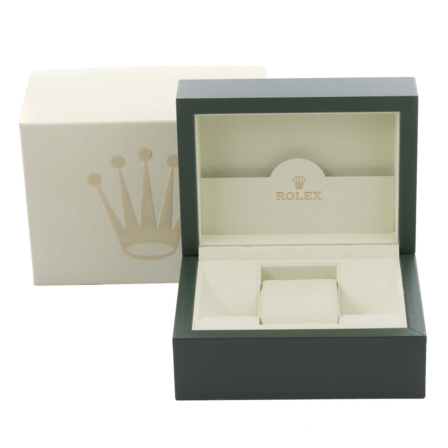 The image shows the packaging for a Rolex Air-King 114200 Men's Stainless Steel Silver Dial 114200 Men's Stainless Steel Silver Dial, including an open green and beige watch box with logo details.