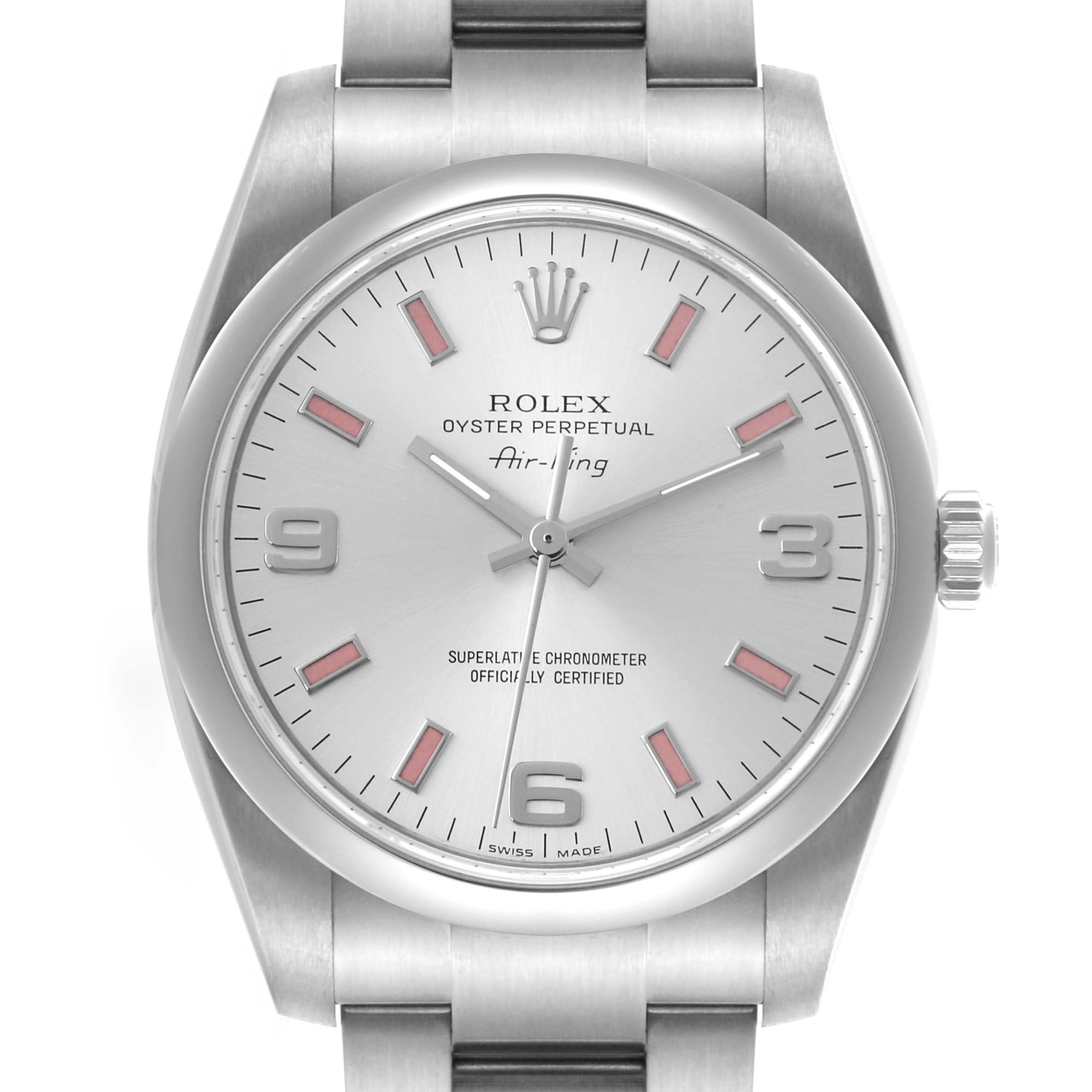 The image shows a front view of the Rolex Air-King 114200 Men's Stainless Steel Silver Dial 114200 Men's Stainless Steel Silver Dial watch, highlighting the dial, bezel, and part of the bracelet.