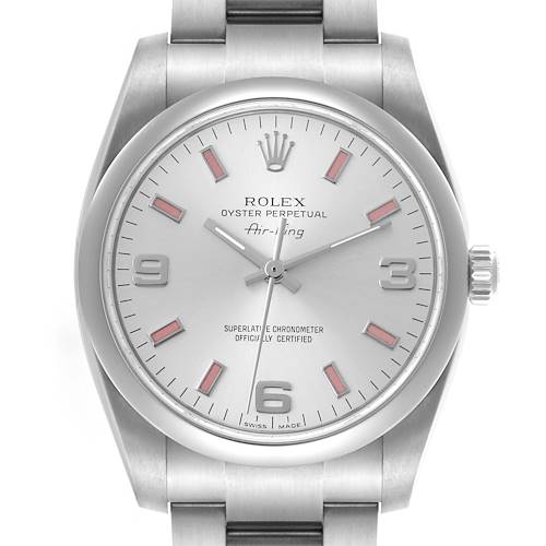 The Rolex Air-King watch is shown from the front, highlighting the dial, bezel, and bracelet.