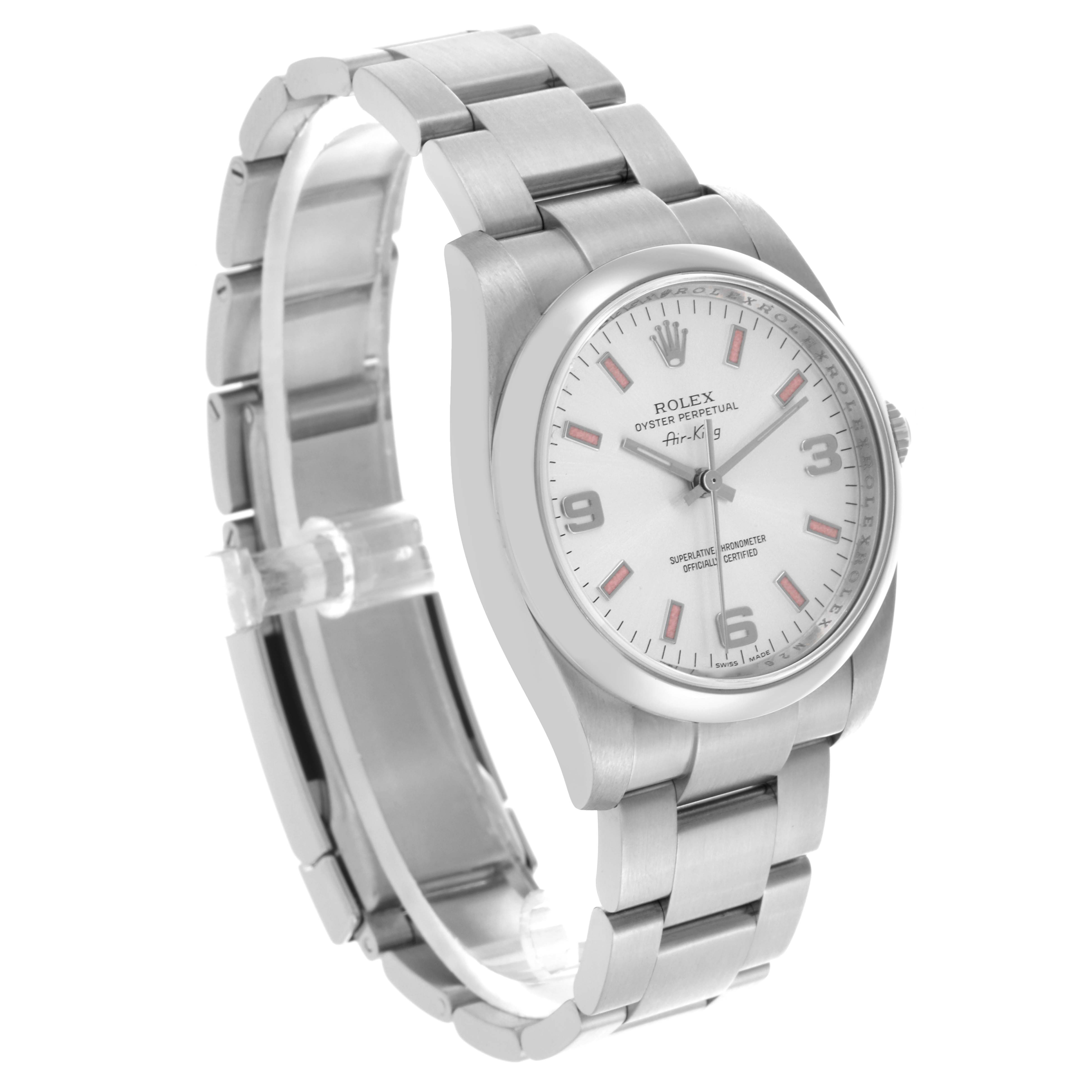 The Rolex Air-King 114200 Men's Stainless Steel Silver Dial 114200 Men's Stainless Steel Silver Dial watch is shown at a three-quarter angle, highlighting the dial, bezel, and bracelet.