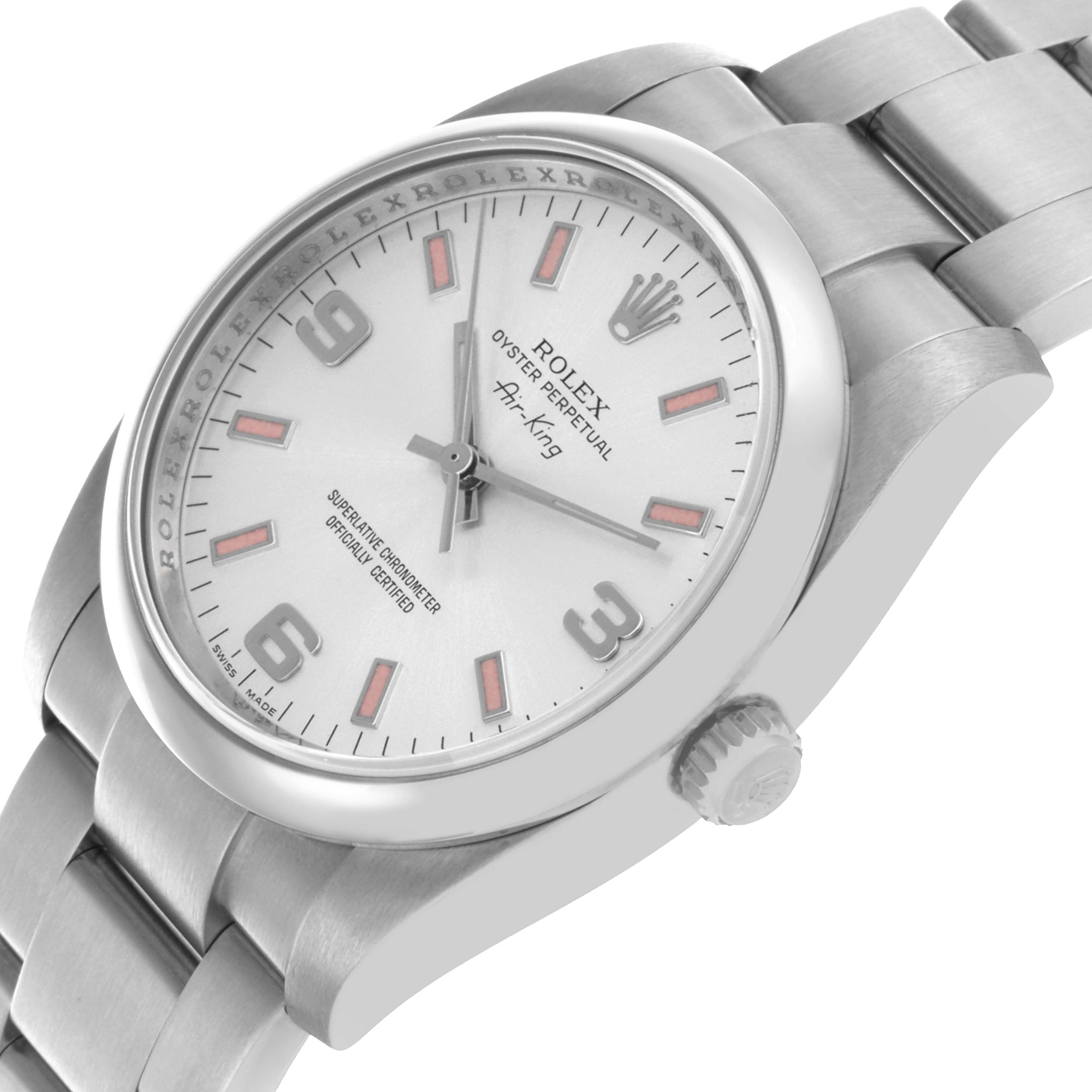 The Rolex Air-King 114200 Men's Stainless Steel Silver Dial 114200 Men's Stainless Steel Silver Dial watch is shown at a three-quarter angle, highlighting the face, crown, and bracelet.