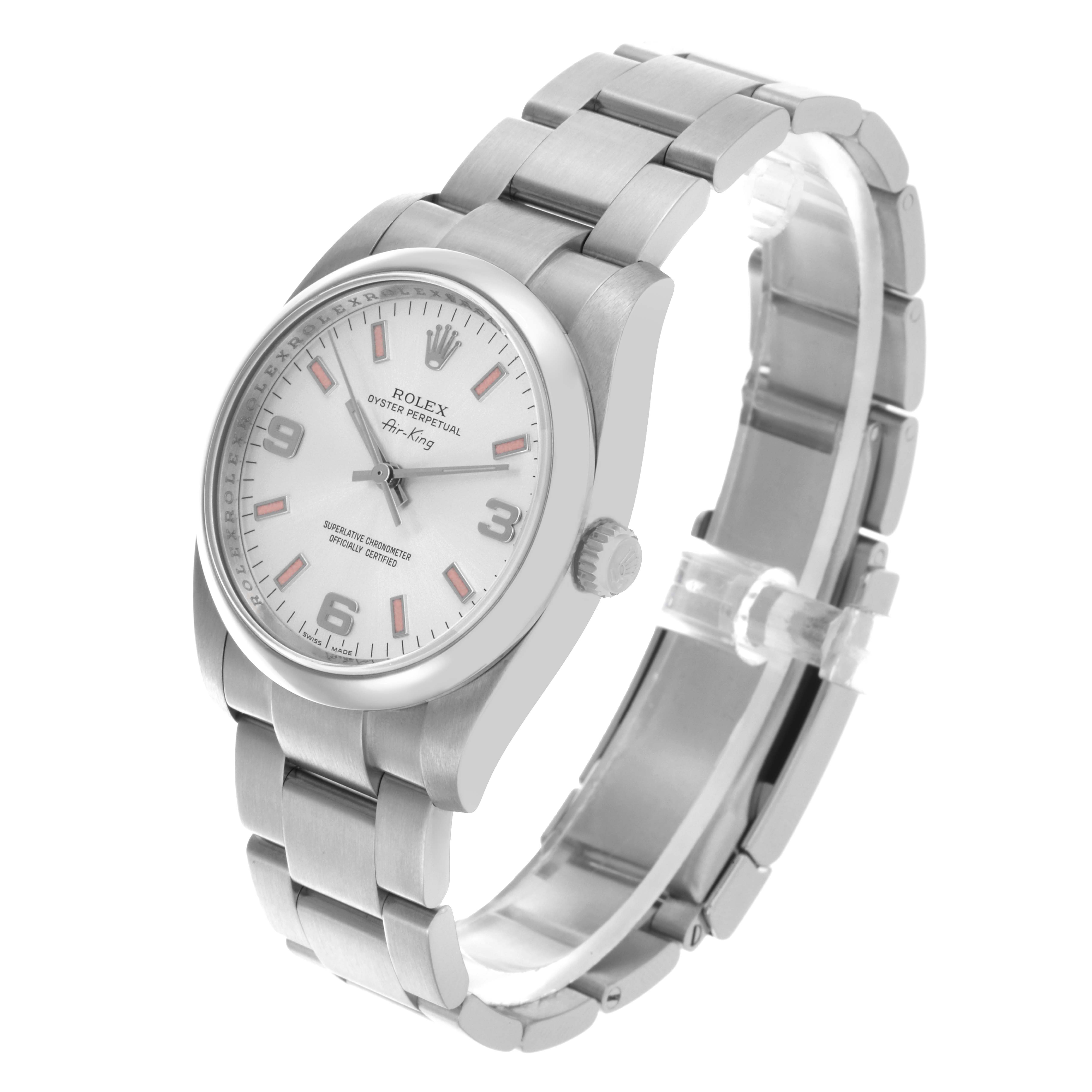 The Rolex Air-King 114200 Men's Stainless Steel Silver Dial 114200 Men's Stainless Steel Silver Dial watch is shown at a three-quarter angle, highlighting the face, bezel, crown, and bracelet.