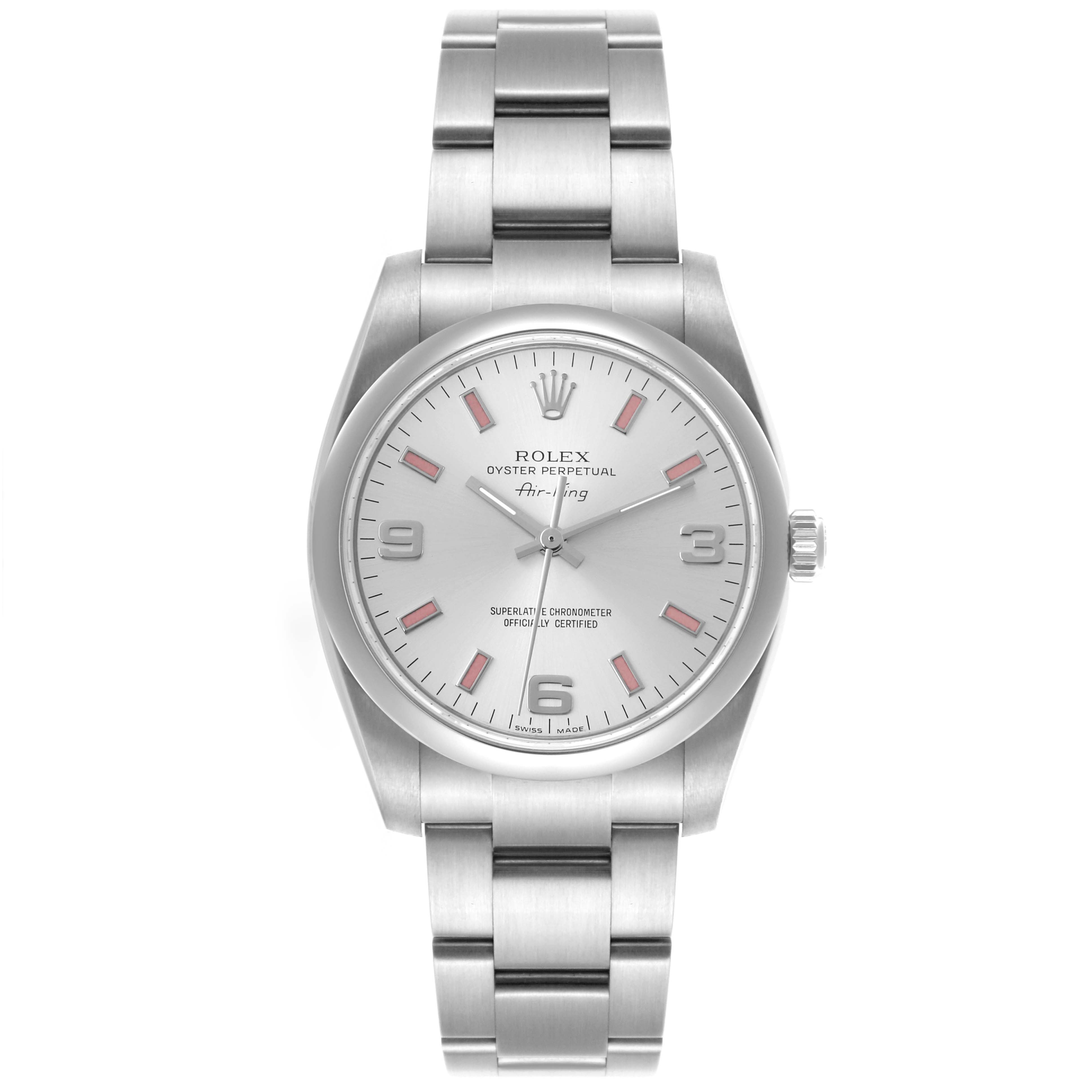 The Rolex Air-King 114200 Men's Stainless Steel Silver Dial 114200 Men's Stainless Steel Silver Dial watch is shown from a front angle, displaying its dial, case, crown, and bracelet.
