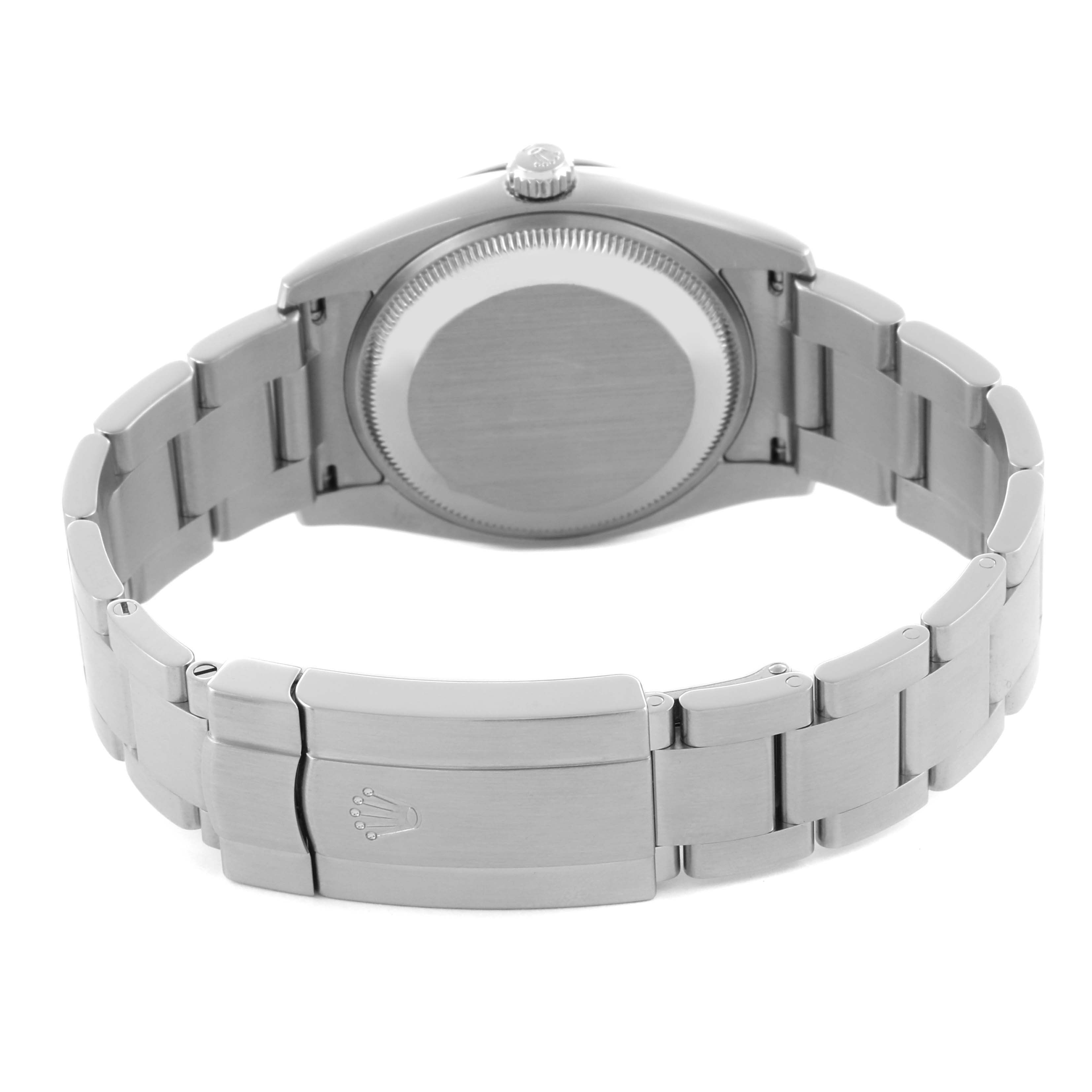 The image shows the back case and stainless steel bracelet of a Rolex Air-King 114200 Men's Stainless Steel Silver Dial 114200 Men's Stainless Steel Silver Dial watch from a rear angle.