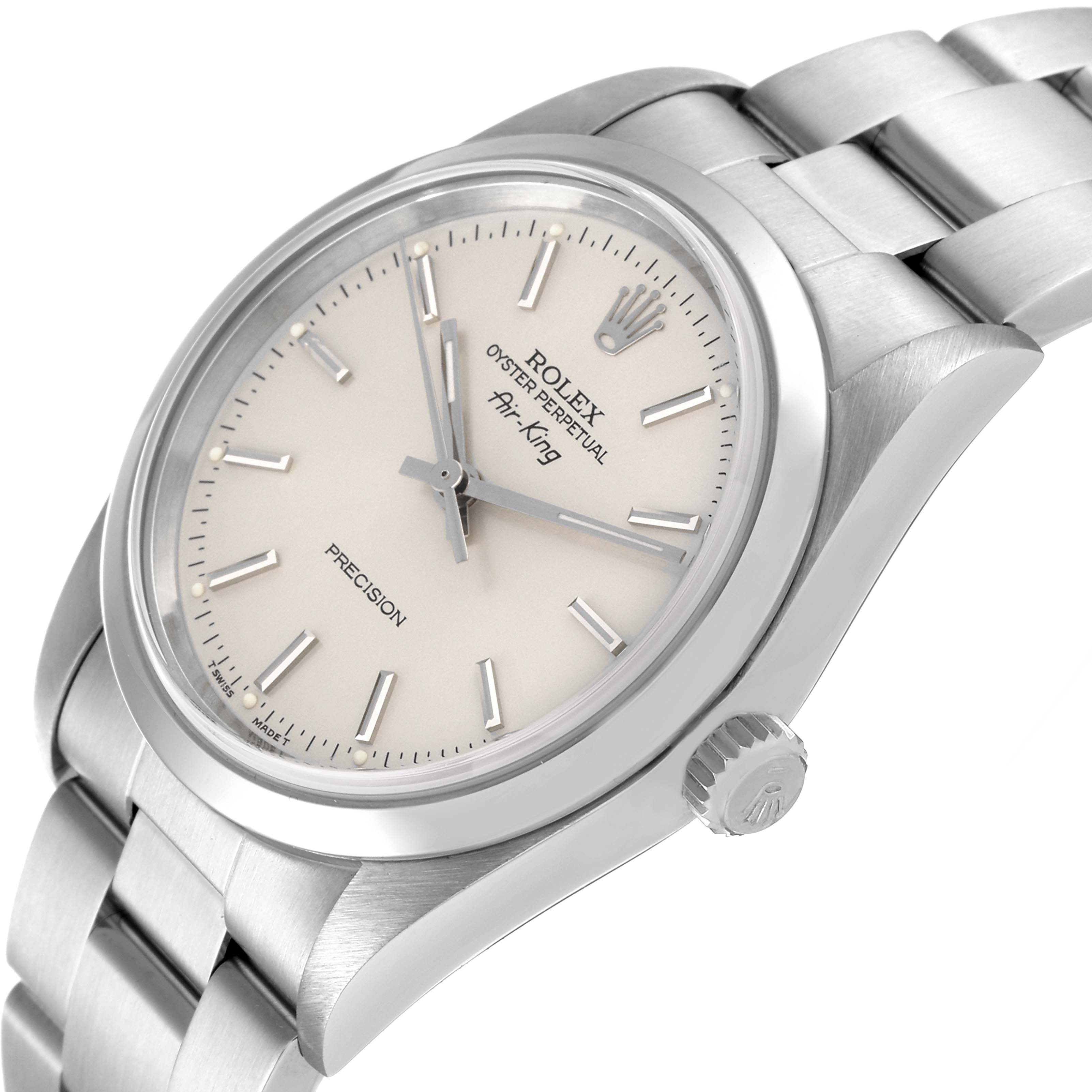 This image shows a close-up angle of the Rolex Air-King 14000 Men's Stainless Steel Silver Dial 14000 Men's Stainless Steel Silver Dial watch, highlighting the dial, case, and part of the bracelet.